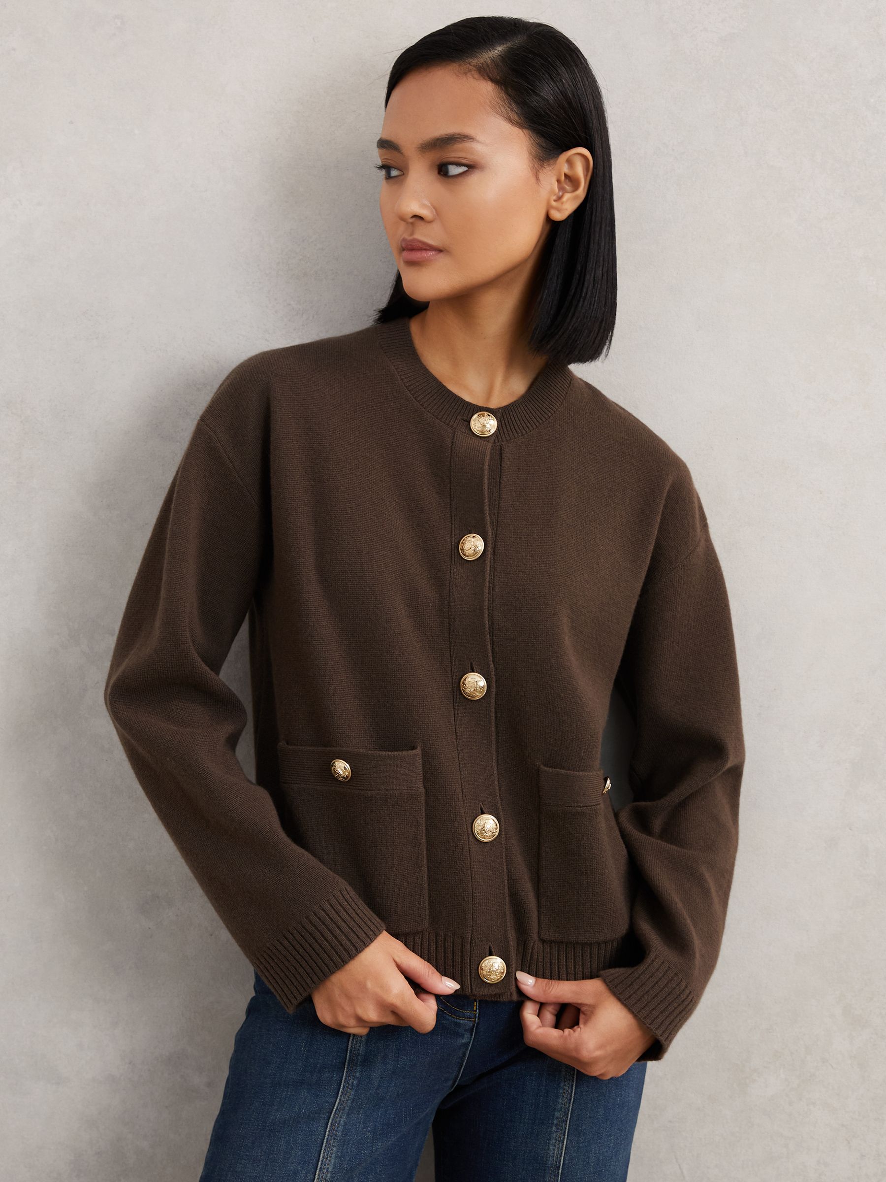 Wool-Cashmere Crew-Neck Cardigan in Chocolate Brown - Image 3 of 6
