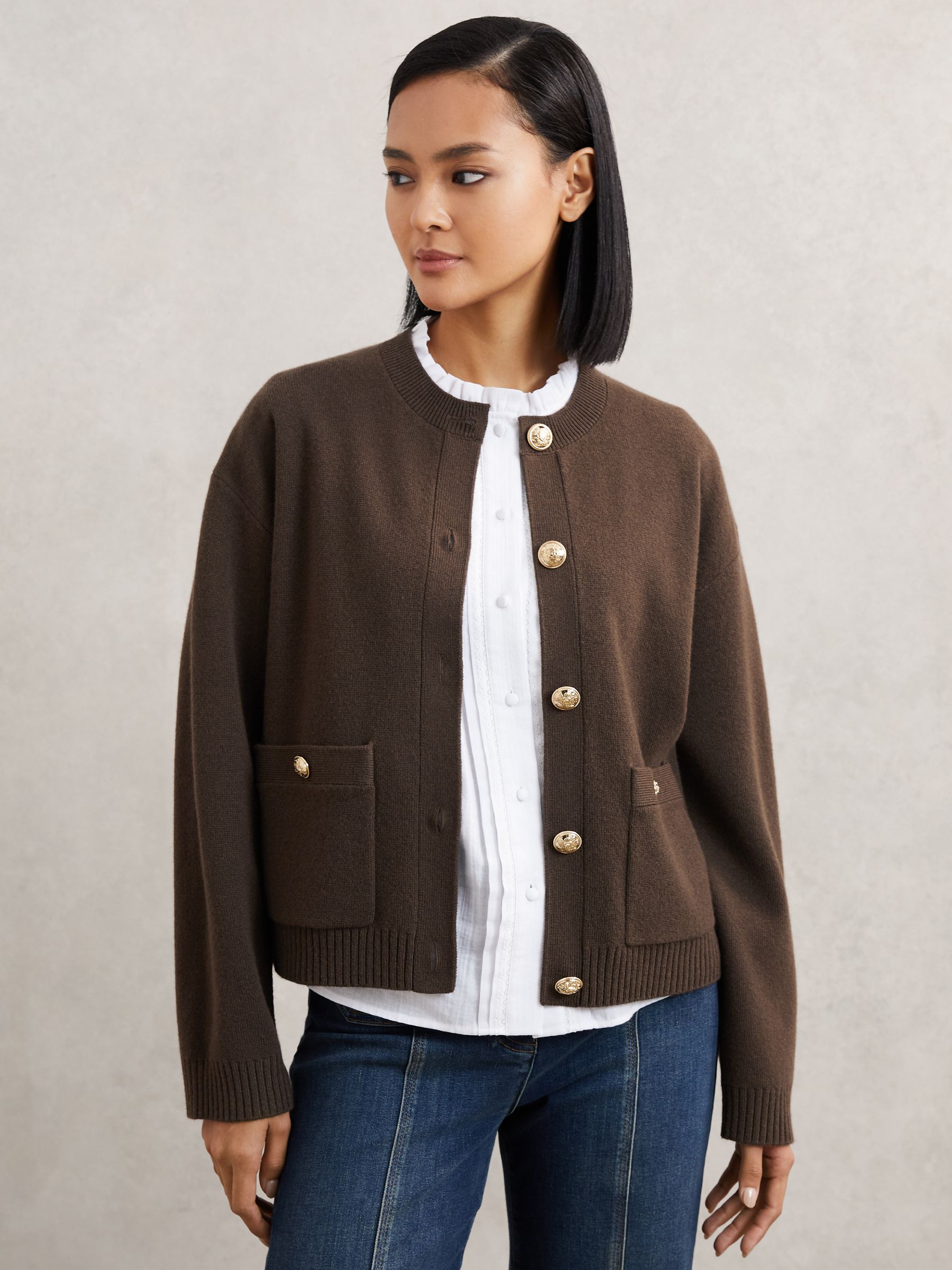 Wool-Cashmere Crew-Neck Cardigan in Chocolate Brown - Image 4 of 6