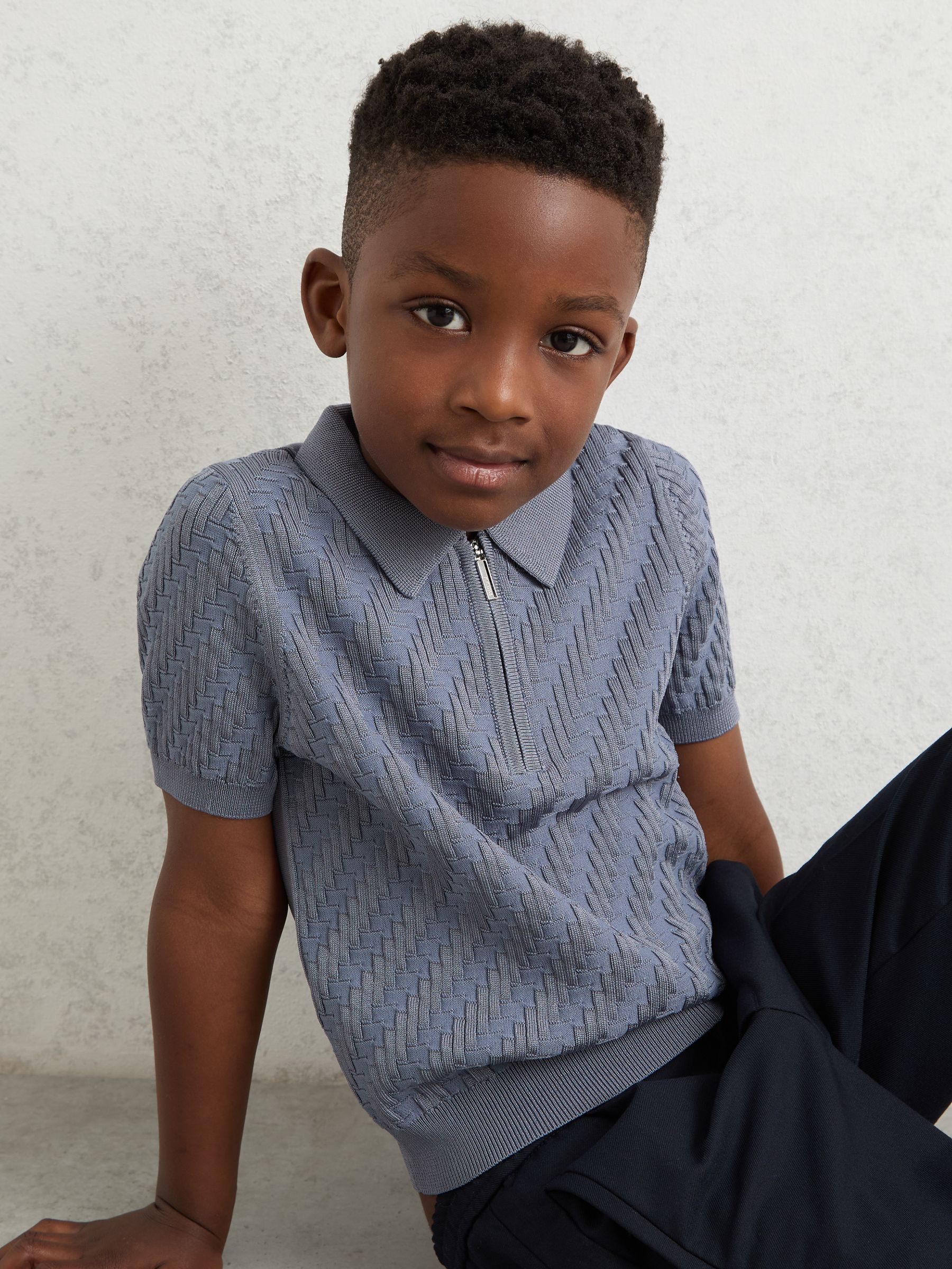 Textured-Knit Half-Zip Polo Shirt in Airforce Blue - Image 3 of 4