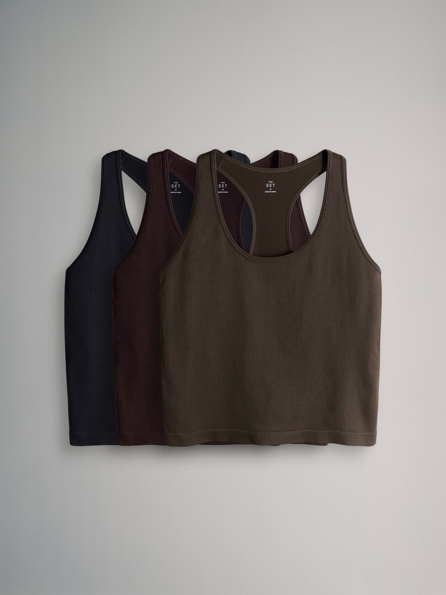 Black/Chocolate Brown/Khaki 3 Pack Active Ribbed Racer Vest - Image 2 of 6