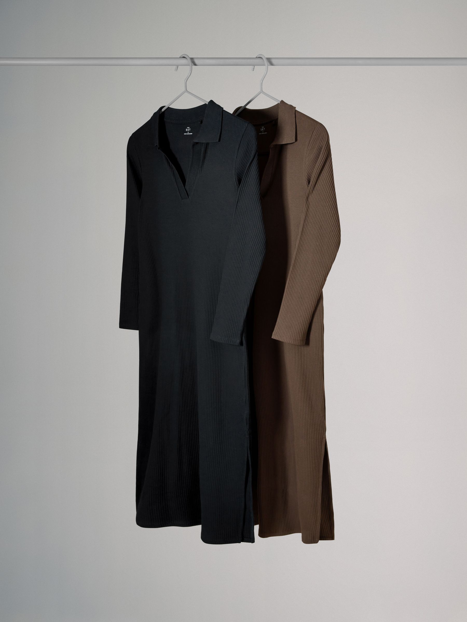 2 Pack Ribbed Collared Long Sleeve Maxi Dress Black/Chocolate Brown - Image 1 of 3