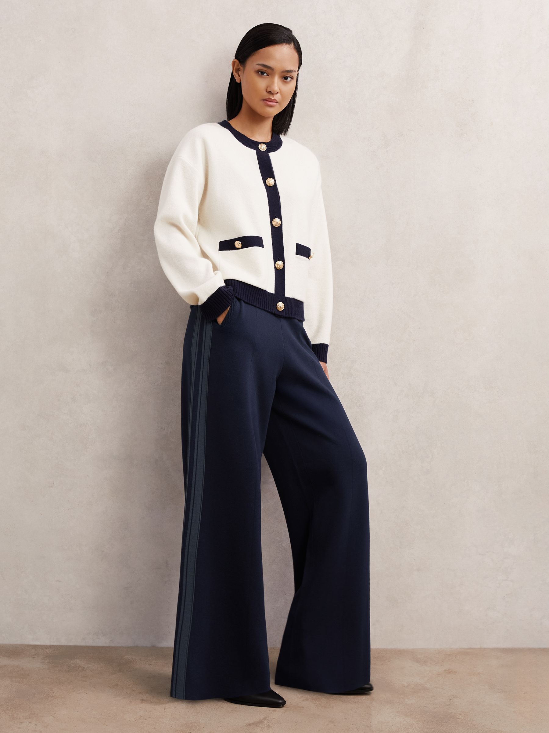 Knitted Side-Stripe Wide-Leg Trousers in Navy - Image 1 of 5