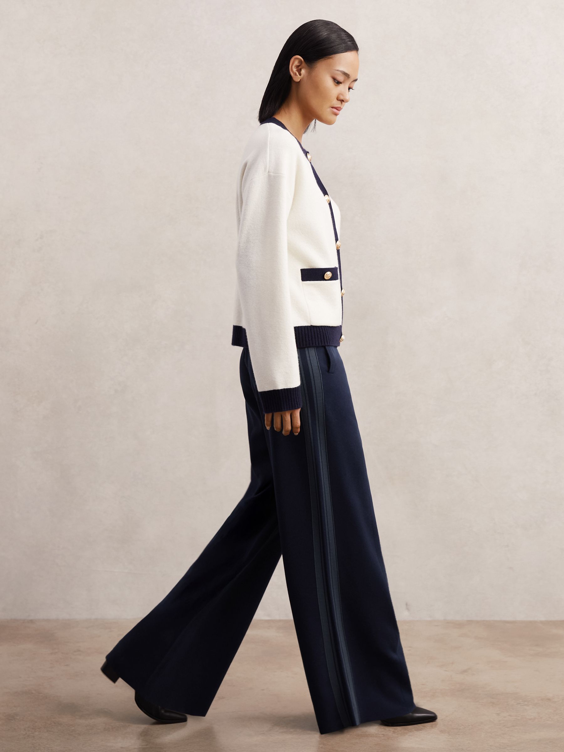 Petite Knitted Side-Stripe Wide-Leg Trousers in Navy - Image 1 of 6
