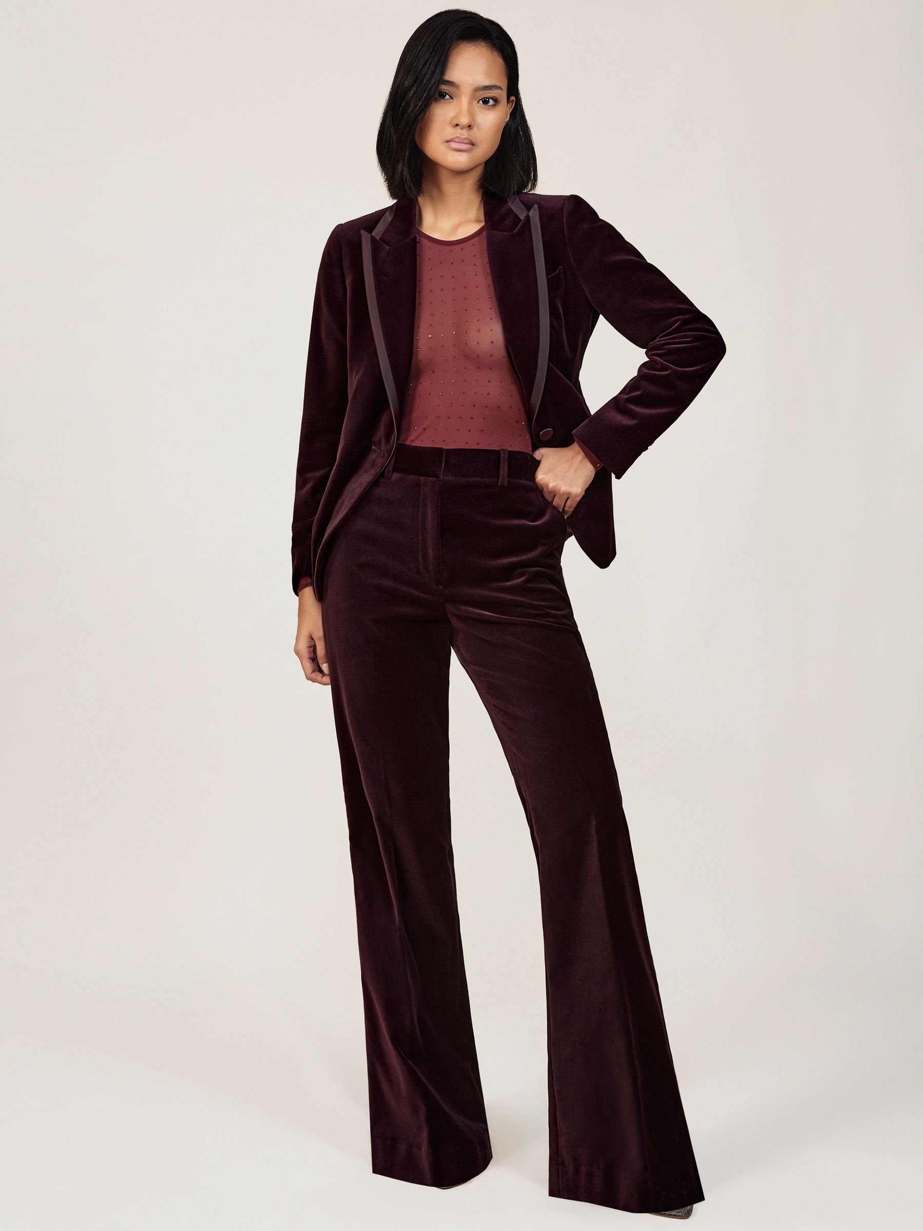 Petite Velvet Tuxedo-Stripe Flared Trousers in Burgundy - Image 1 of 9