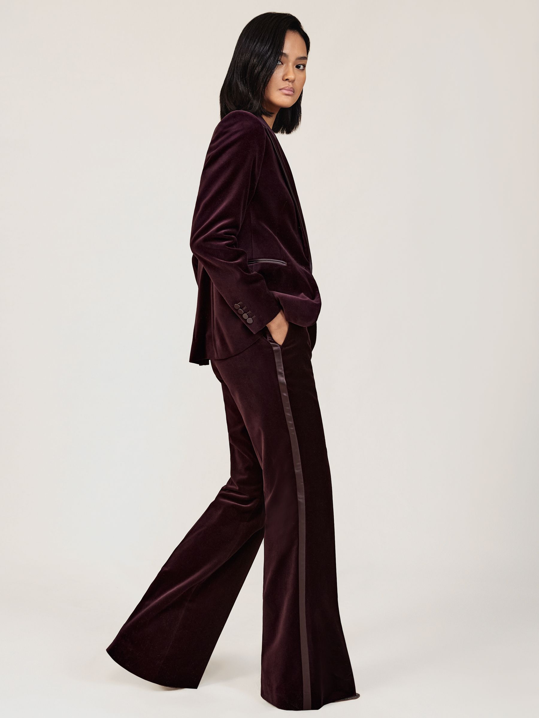 Petite Velvet Tuxedo-Stripe Flared Trousers in Burgundy - Image 3 of 9