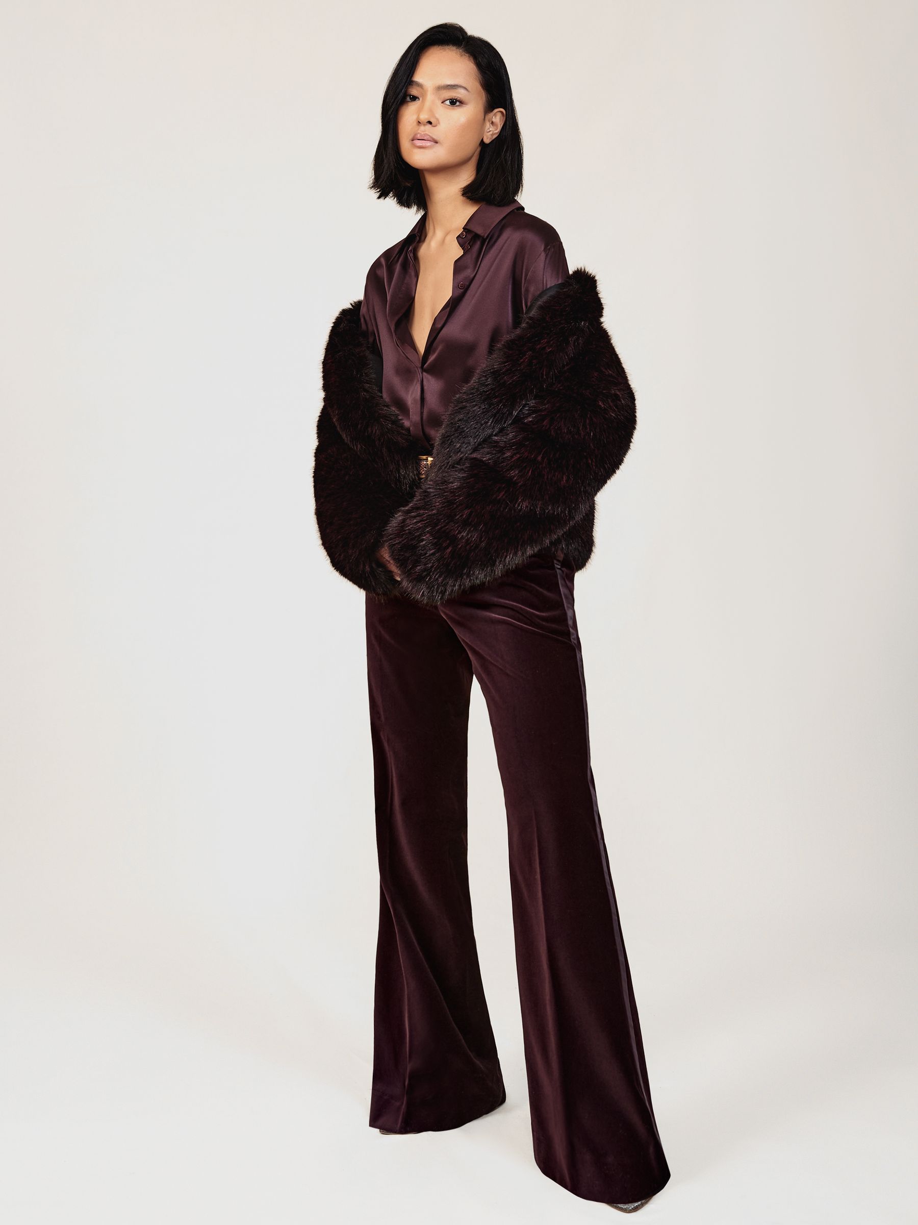 Petite Velvet Tuxedo-Stripe Flared Trousers in Burgundy - image 5