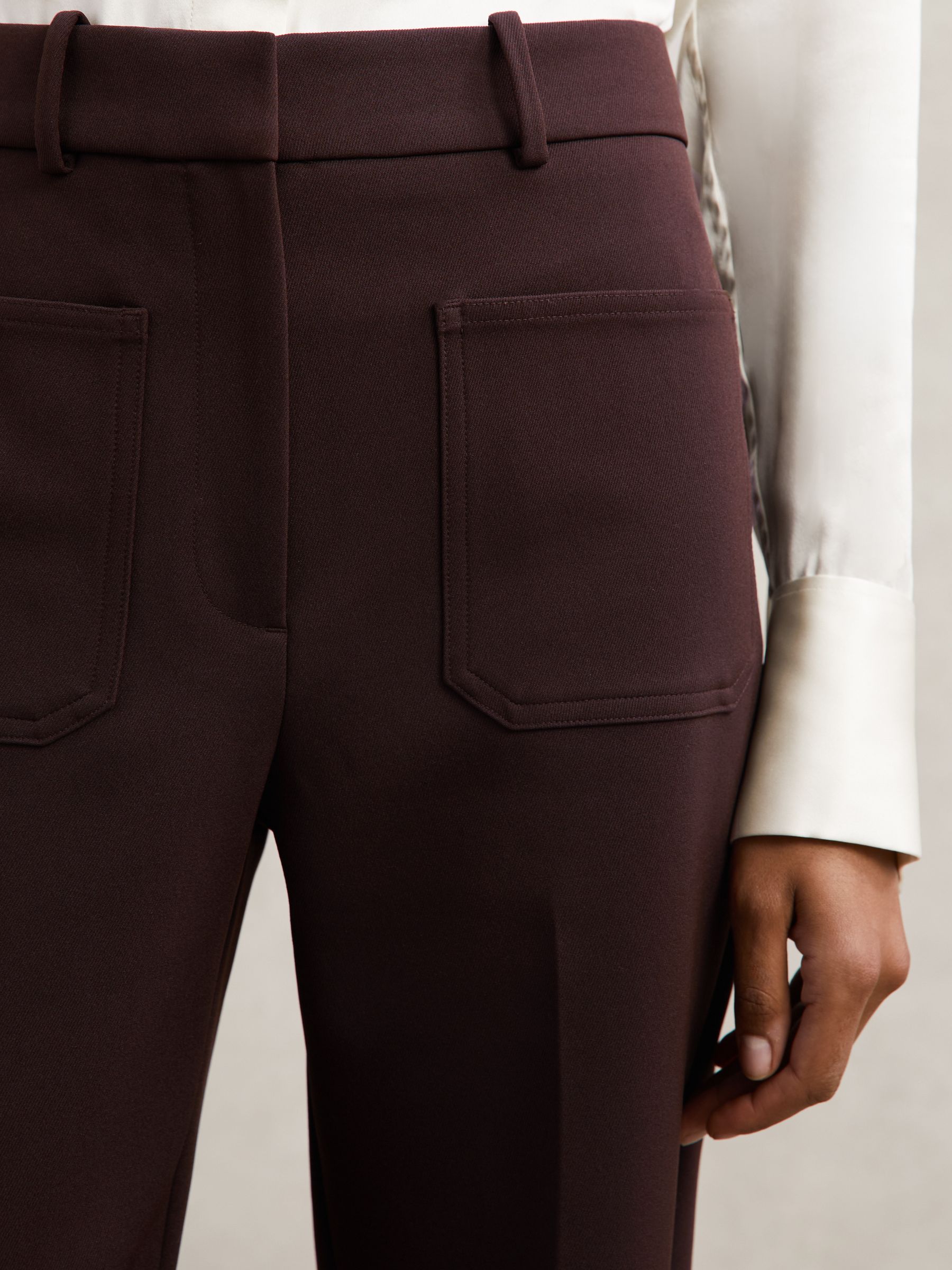 Petite Twill Patch-Pocket Flared Trousers in Chocolate Brown - image 5