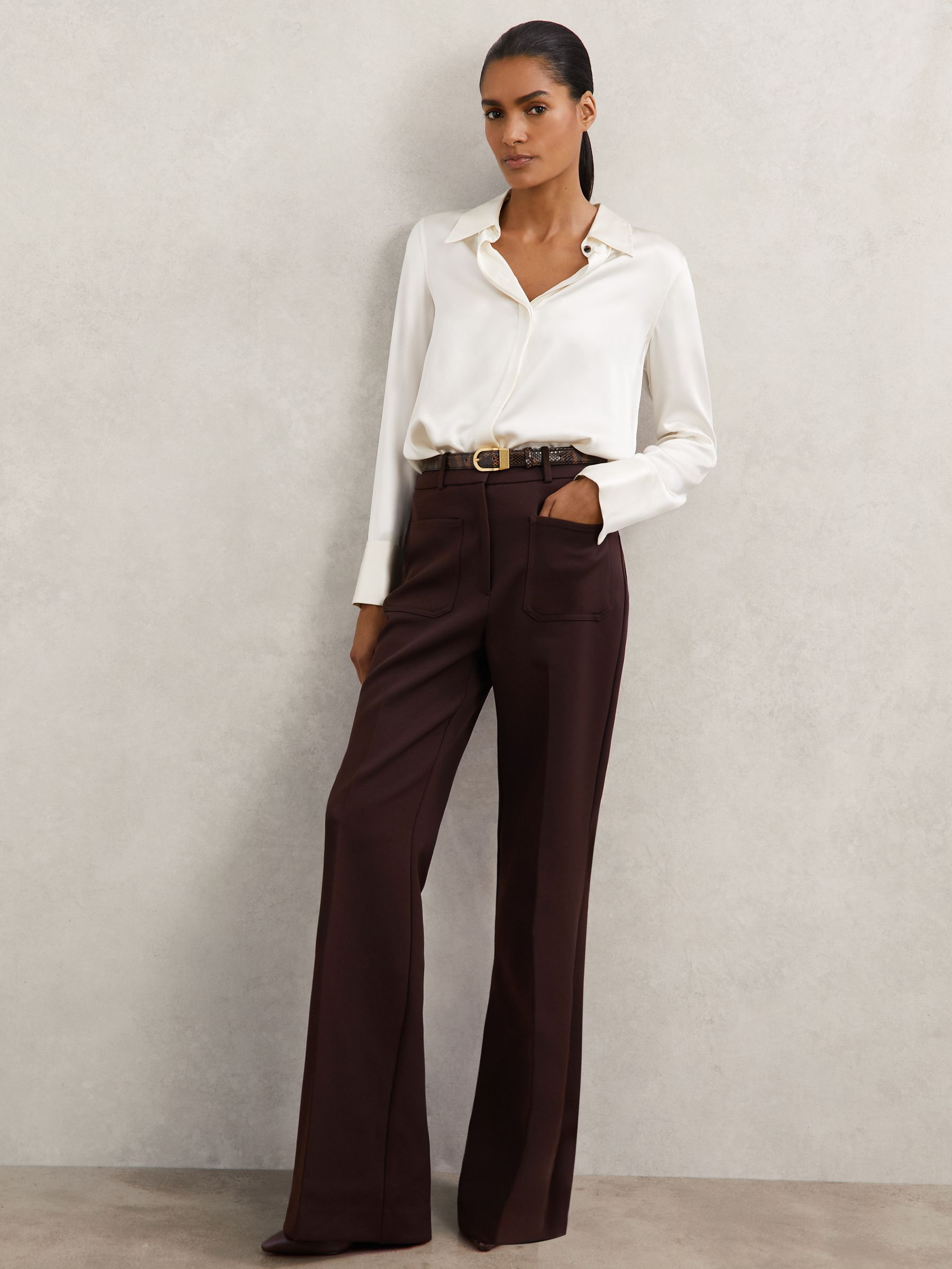Petite Twill Patch-Pocket Flared Trousers in Chocolate Brown - Image 5 of 6