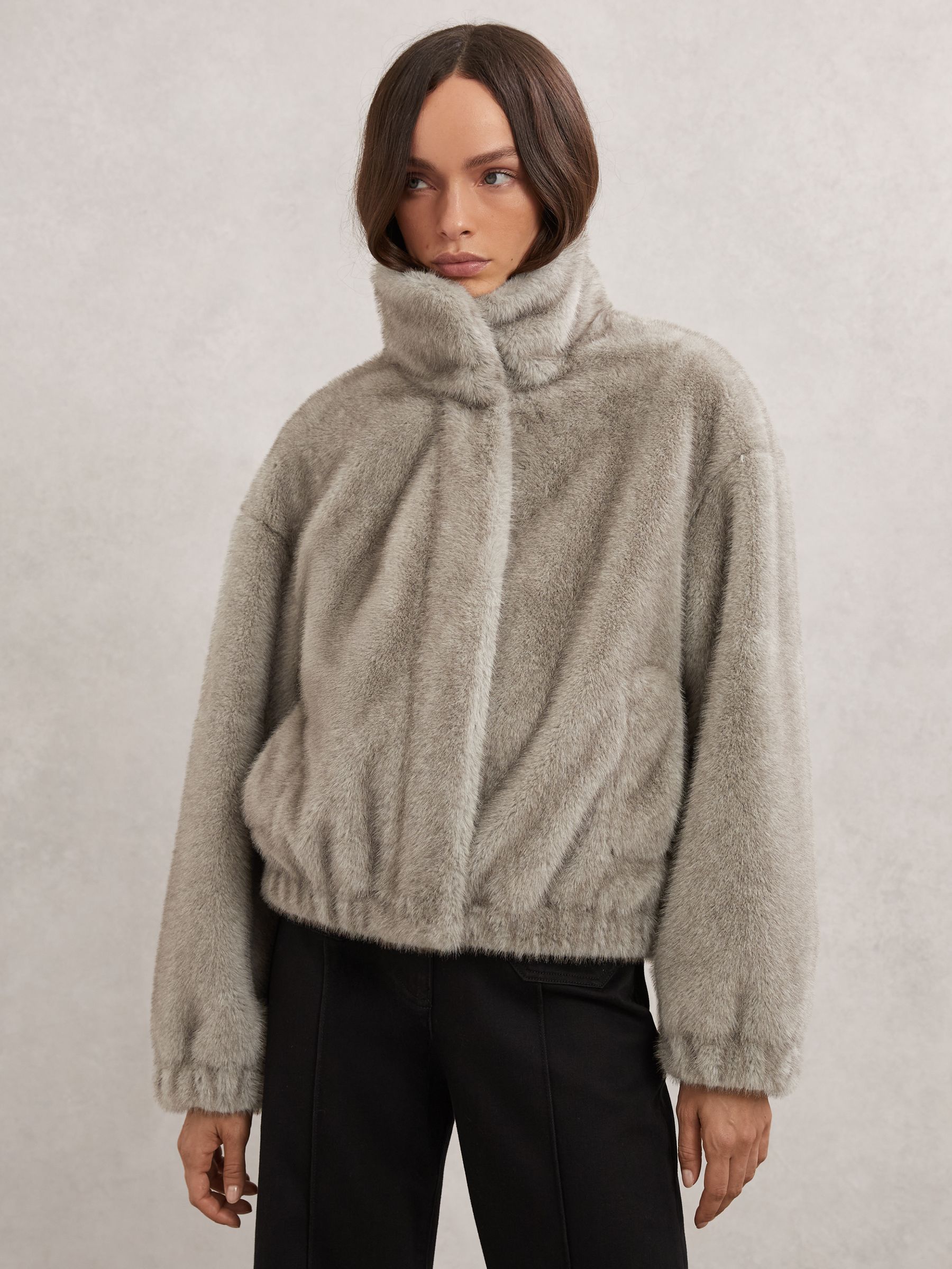 Faux-Fur Zip-Through Jacket in Grey - Image 1 of 10