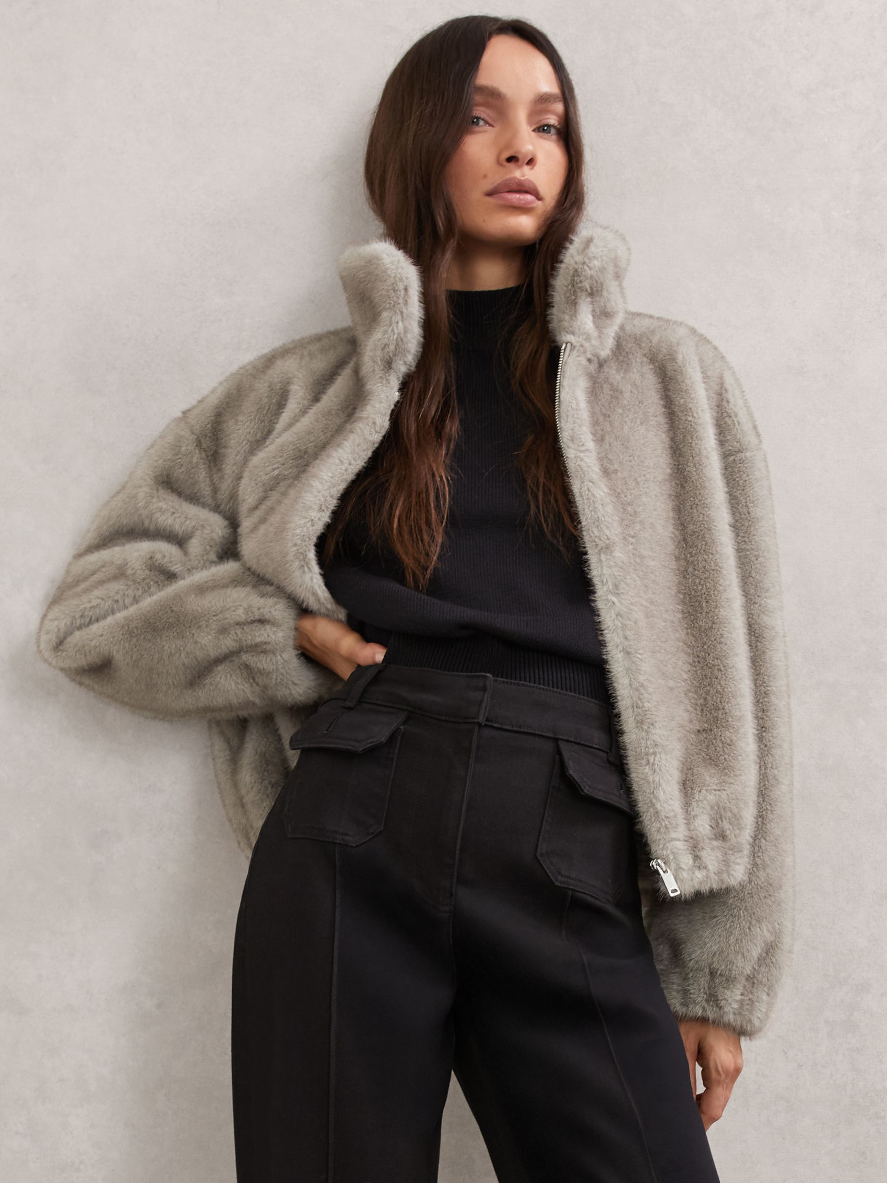 Faux-Fur Zip-Through Jacket in Grey - Image 7 of 10
