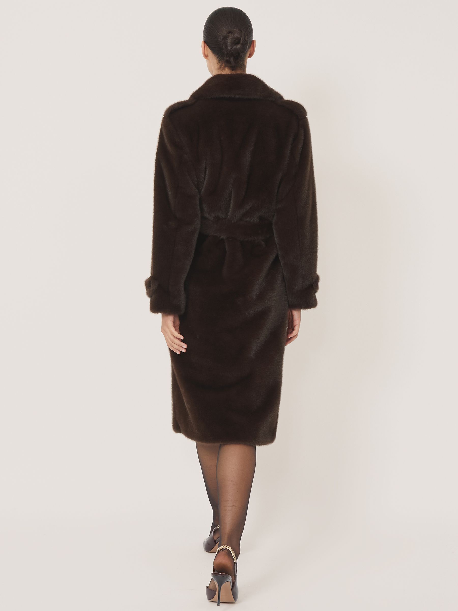 Faux-Fur Long Belted Coat in Chocolate Brown - image 5