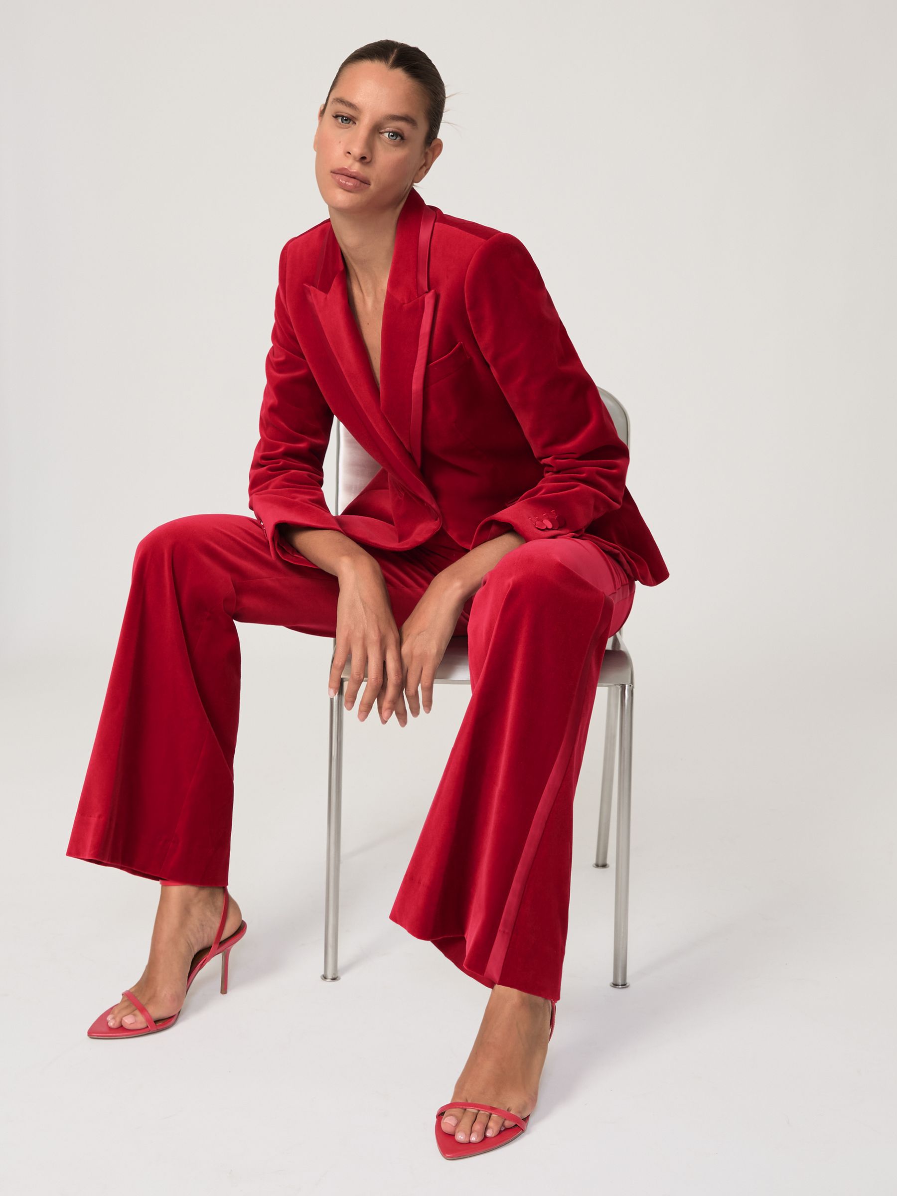 Petite Velvet Tuxedo-Stripe Flared Trousers in Red - Image 6 of 9