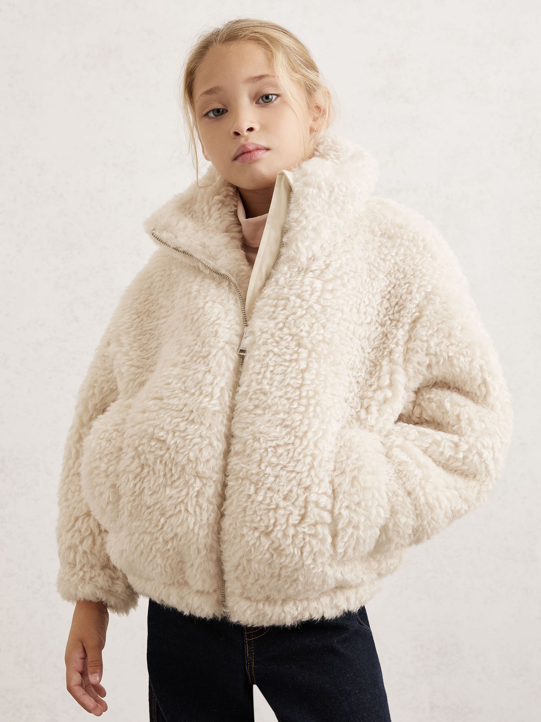 Reiss 3-9 yrs Faux-Shearling Funnel-Neck Coat in Ivory - REISS