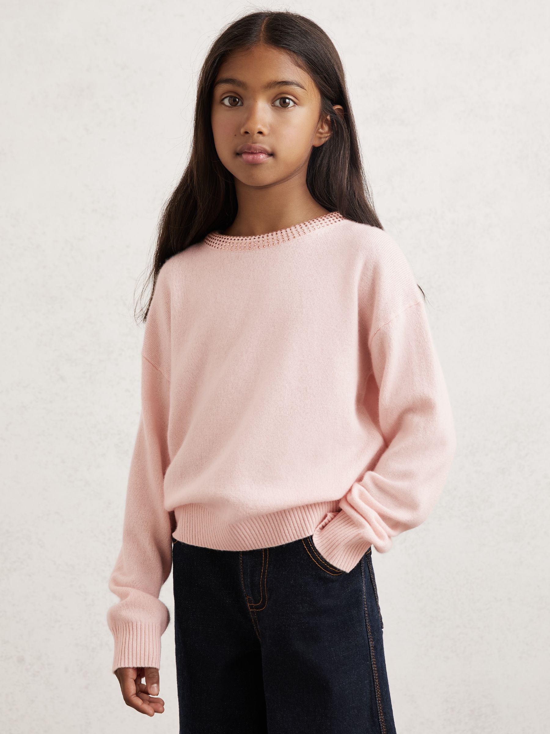 Wool-Blend Crystal-Neckline Jumper With Cashmere in Blush - Image 3 of 4