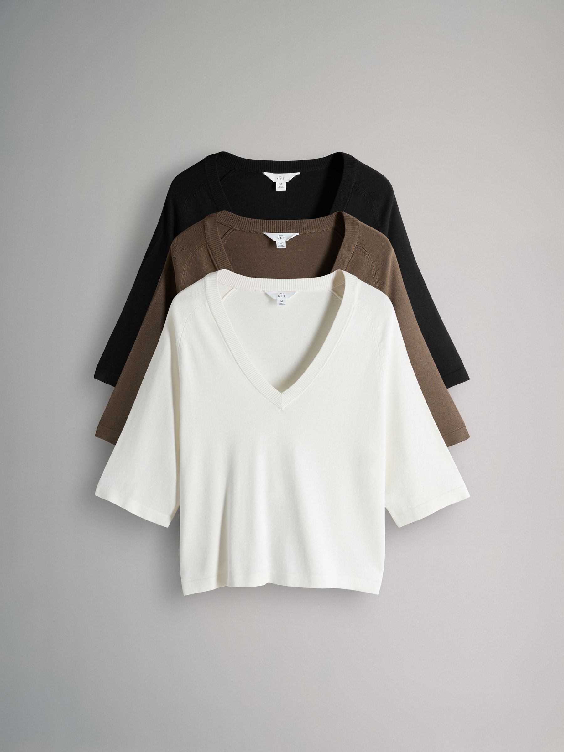 Black/Taupe Brown/Cream Fine Knit V-Neck T-Shirts 3 Pack - Image 1 of 6