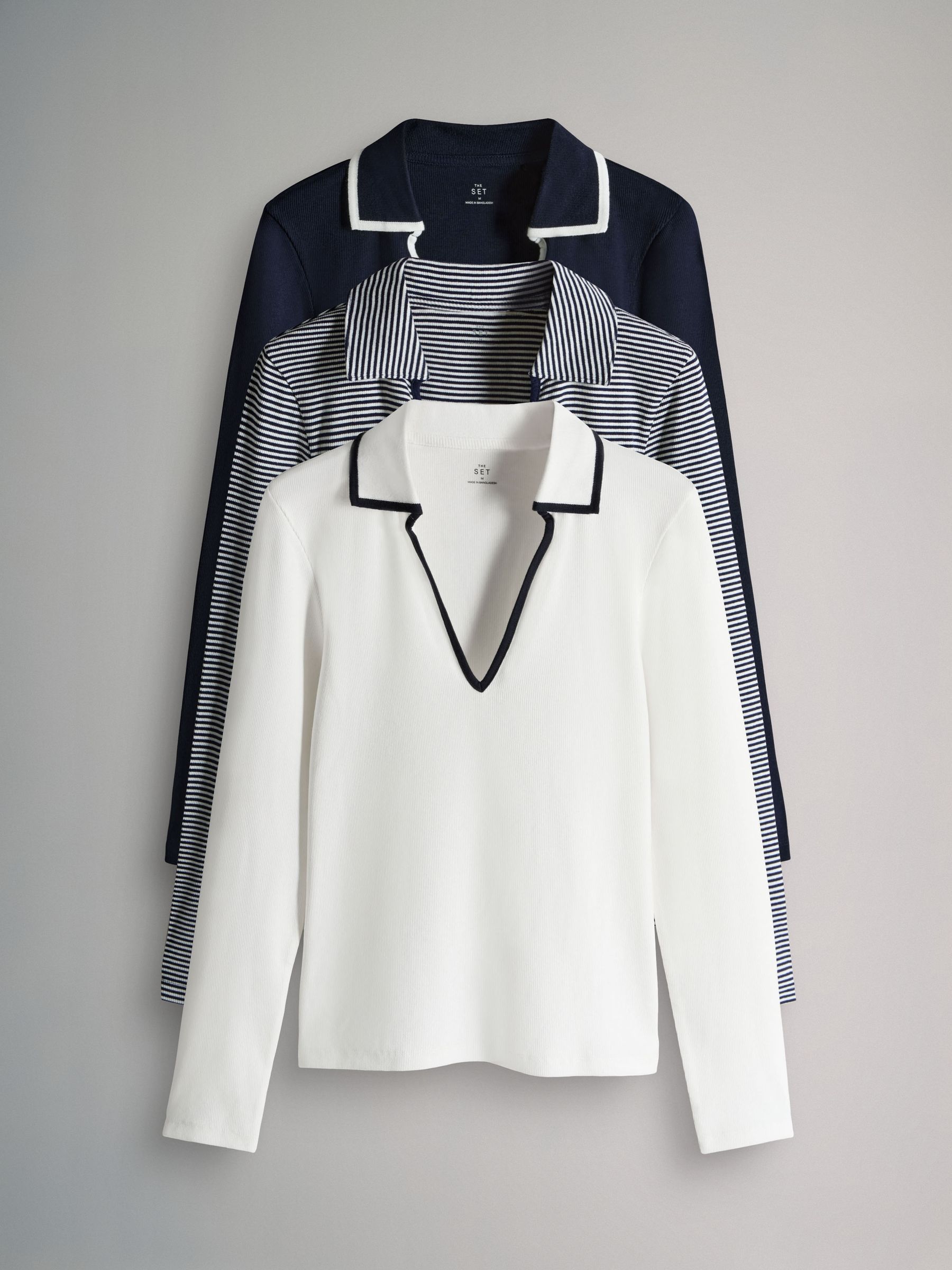 3 Pack Tipped Collar Ribbed Long Sleeve T-Shirts - Image 1 of 6