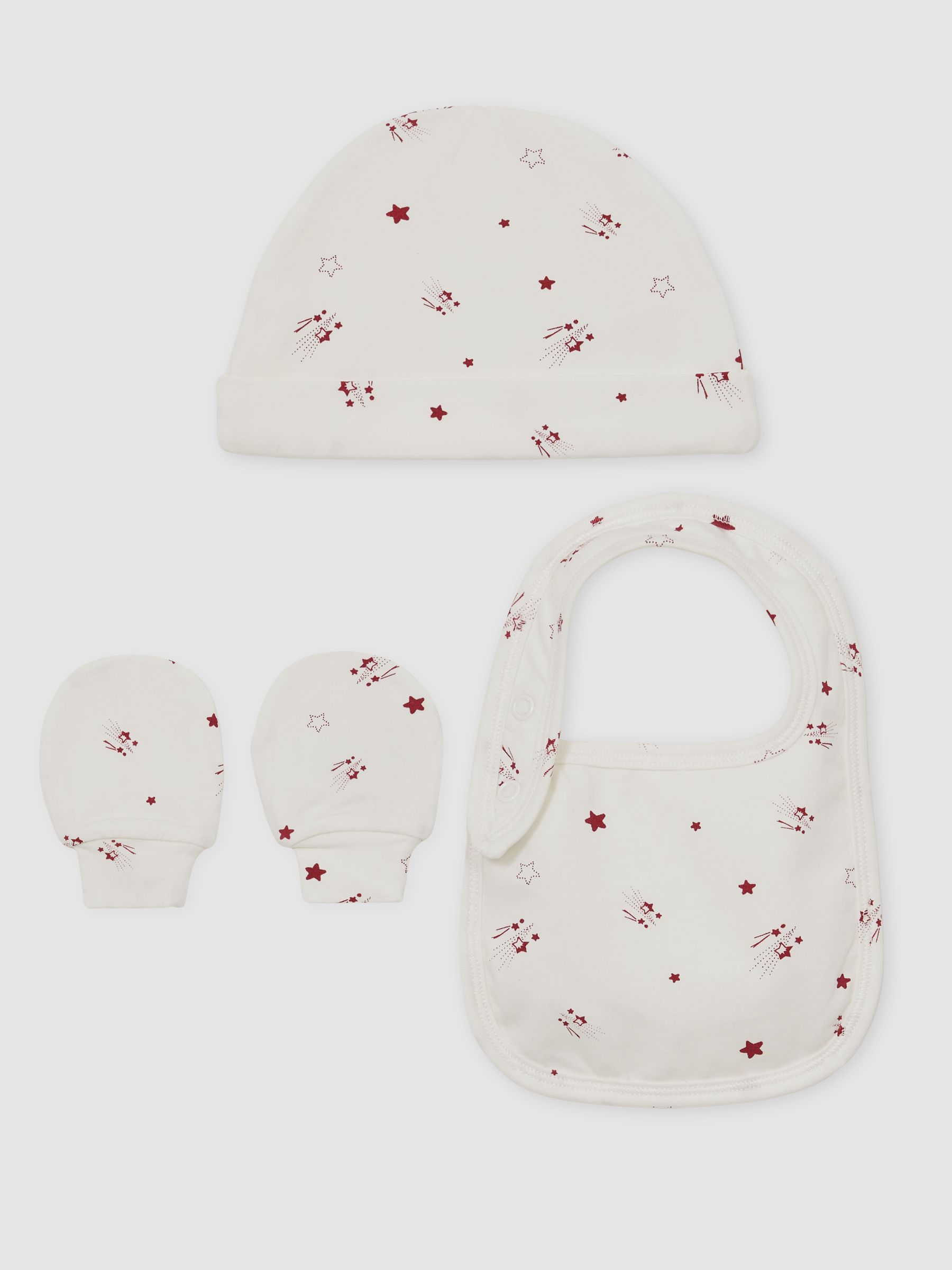 Hat, Bib And Mittens Set in Ivory Print - Image 3 of 3
