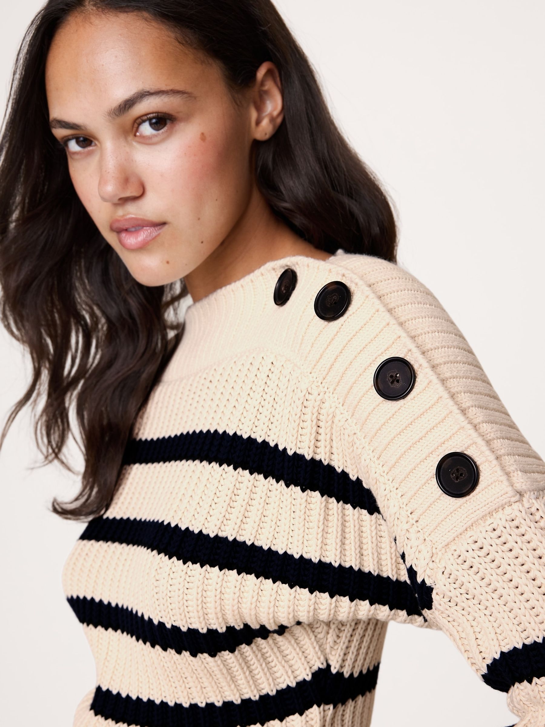 Banana Republic Beige Cotton Button-Shoulder Sweatshirt - Image 3 of 4