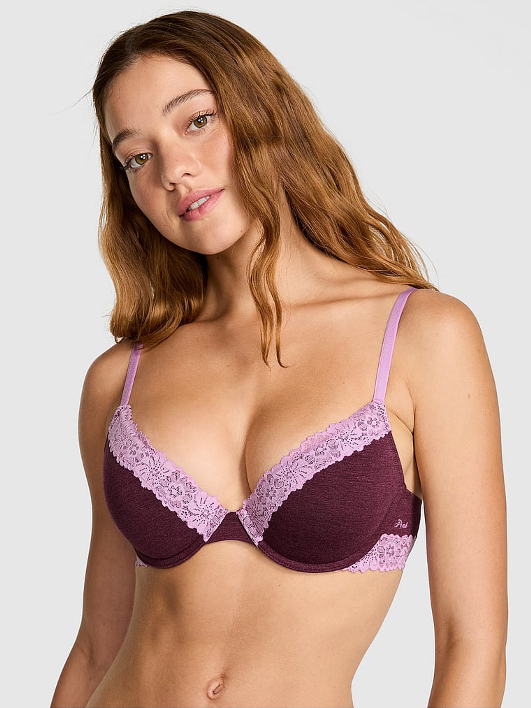 Burgandy Red Push Up Cotton Heather Lace Trim Bra - Image 1 of 3