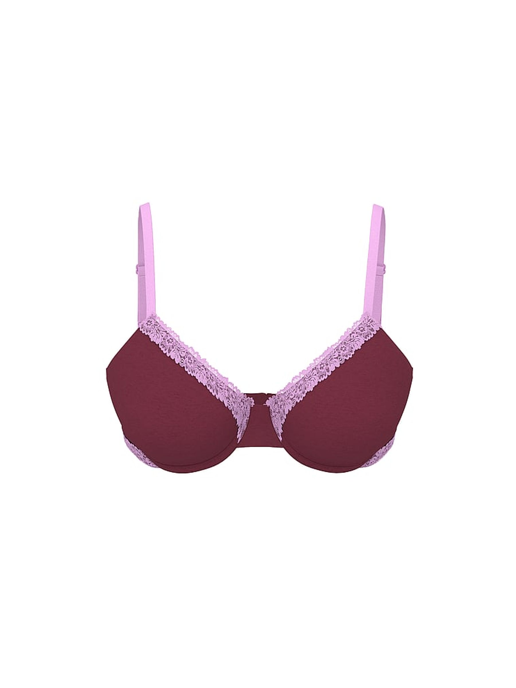 Burgandy Red Push Up Cotton Heather Lace Trim Bra - Image 3 of 3