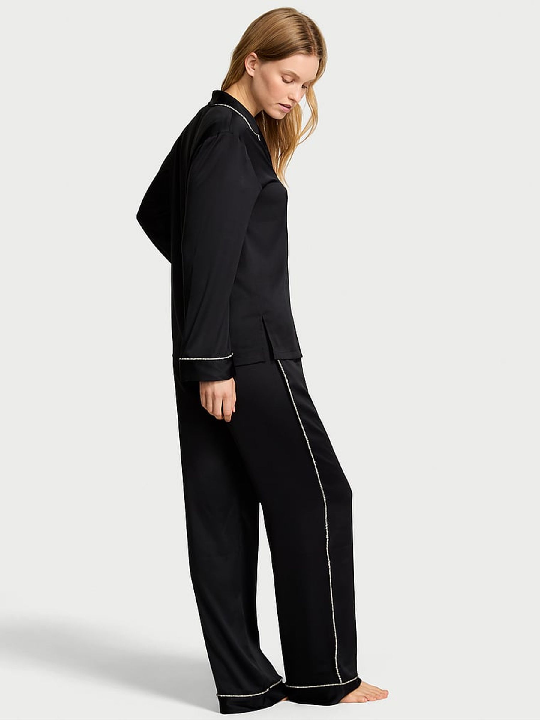 Black Diamanté Trim Satin Shine Long Pyjamas Set - Image 2 of 3