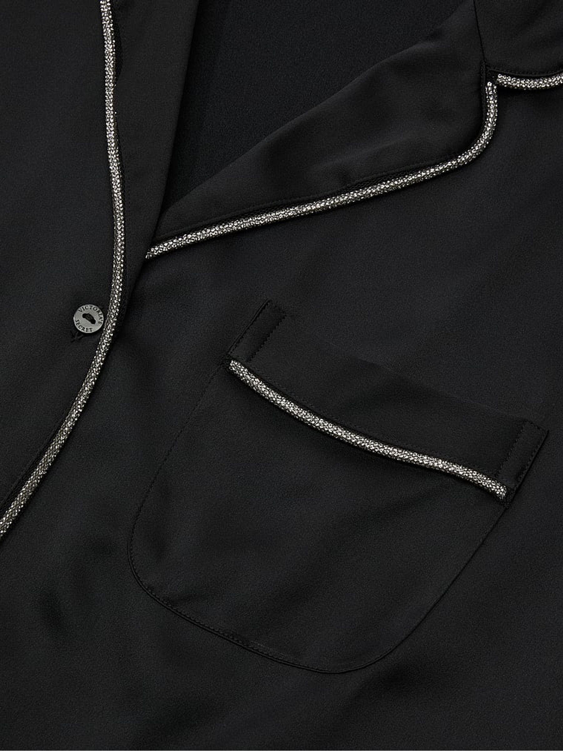 Black Diamanté Trim Satin Shine Long Pyjamas Set - Image 3 of 3