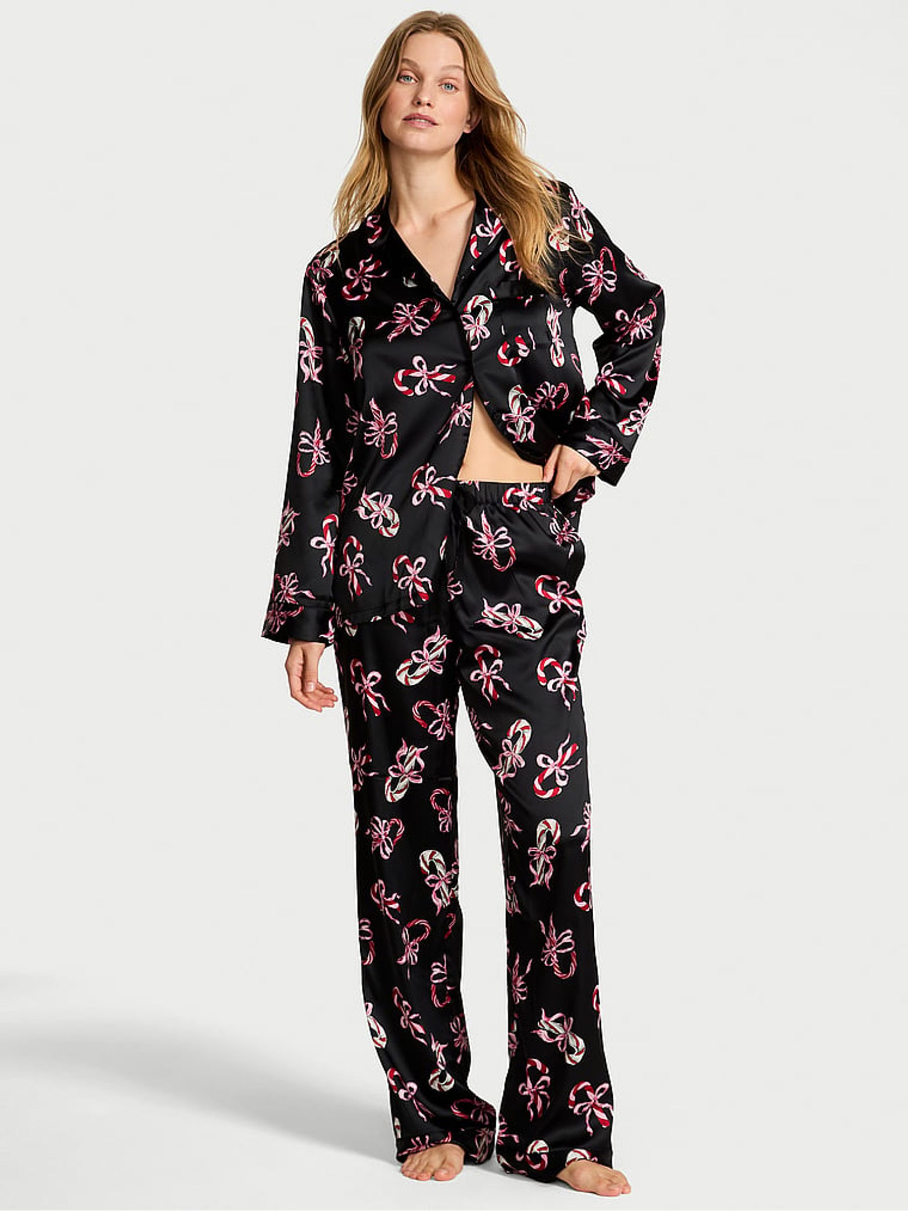 Black & Pink Candy Canes Satin Long Pyjamas Set - Image 1 of 4