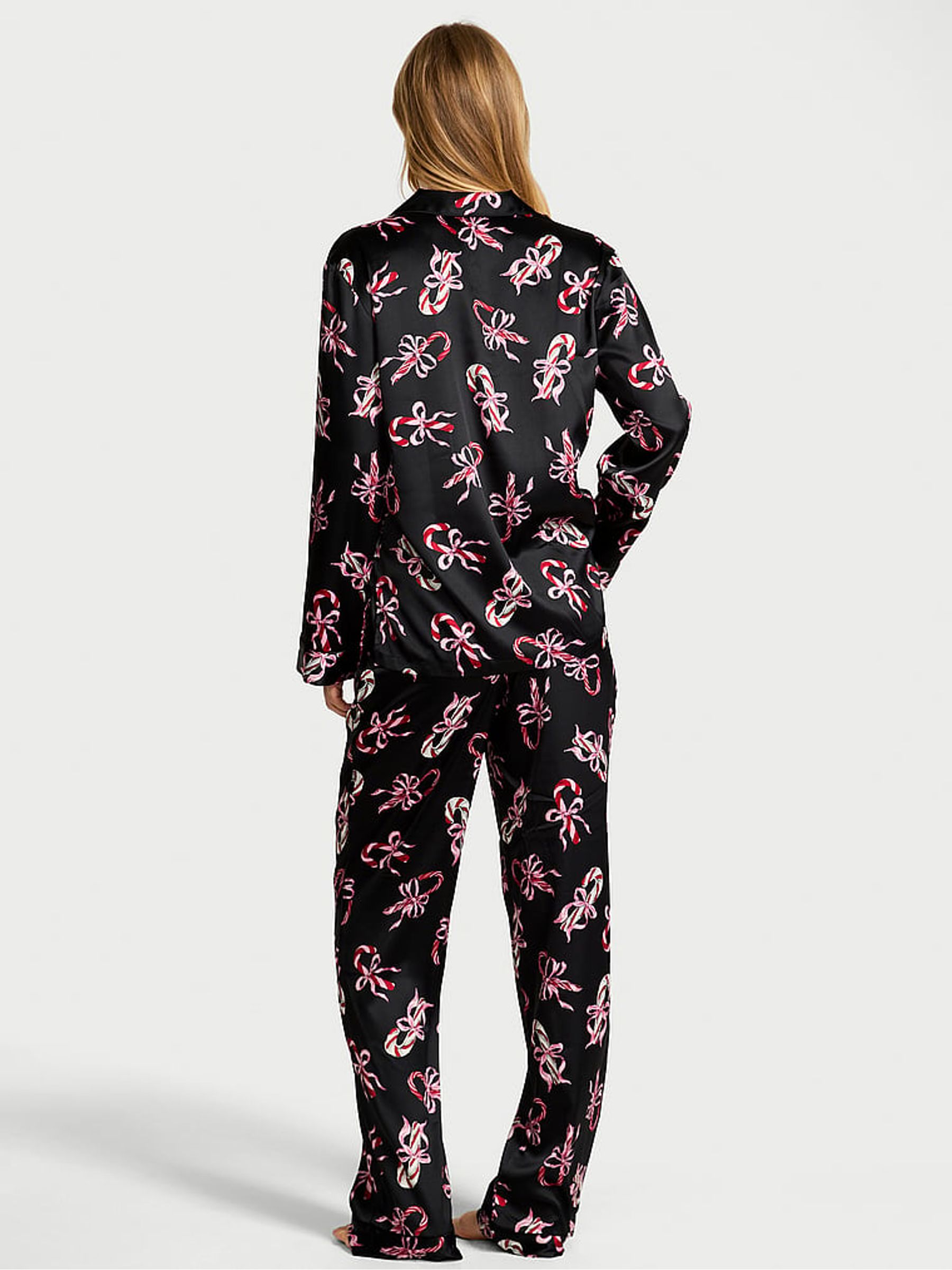 Black & Pink Candy Canes Satin Long Pyjamas Set - Image 2 of 4