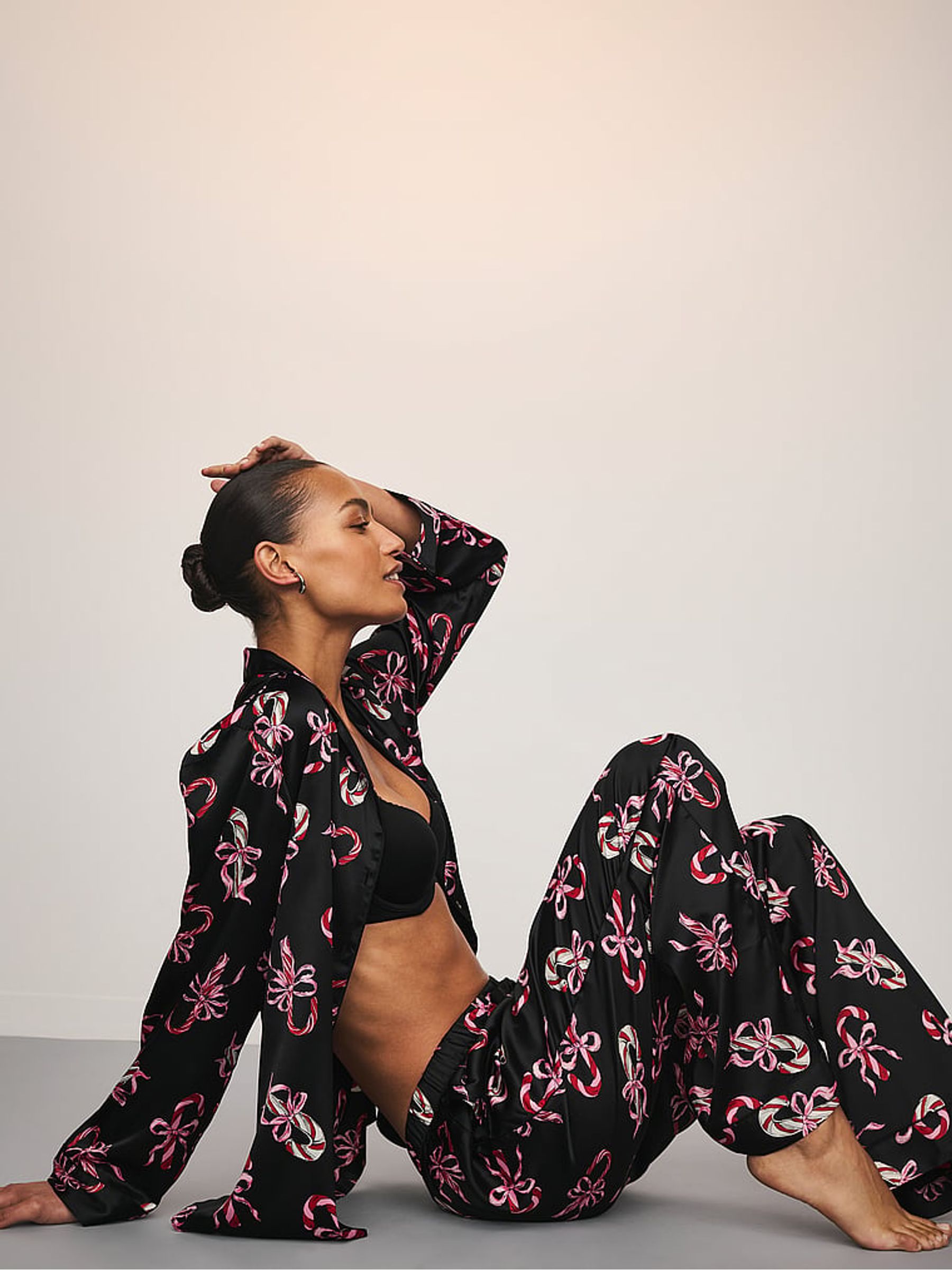 Black & Pink Candy Canes Satin Long Pyjamas Set - Image 3 of 4