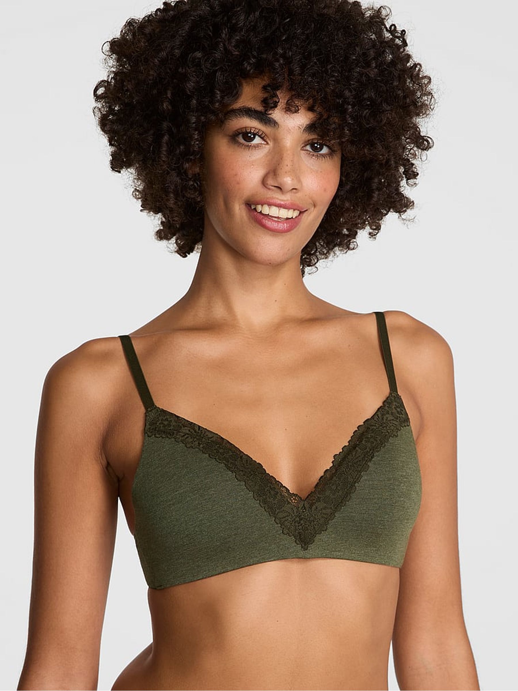 Forest Green Non Wired Lightly Lined Cotton Heather Lace Trim Bra - Image 1 of 1