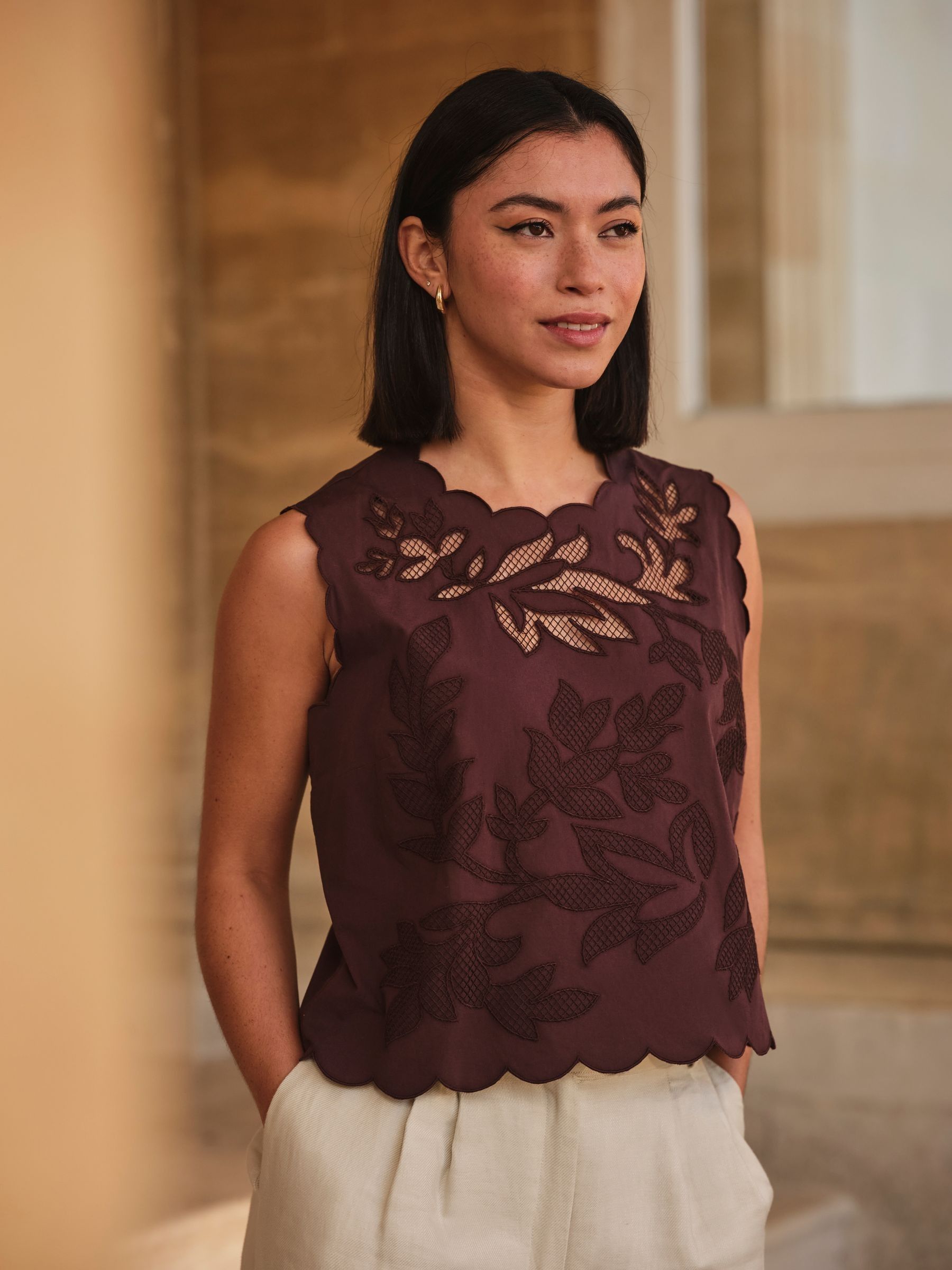Meg Chocolate Brown Cutwork Shell Top - Image 1 of 5 Meg Chocolate Brown Cutwork Shell Top - Image 1 of 5