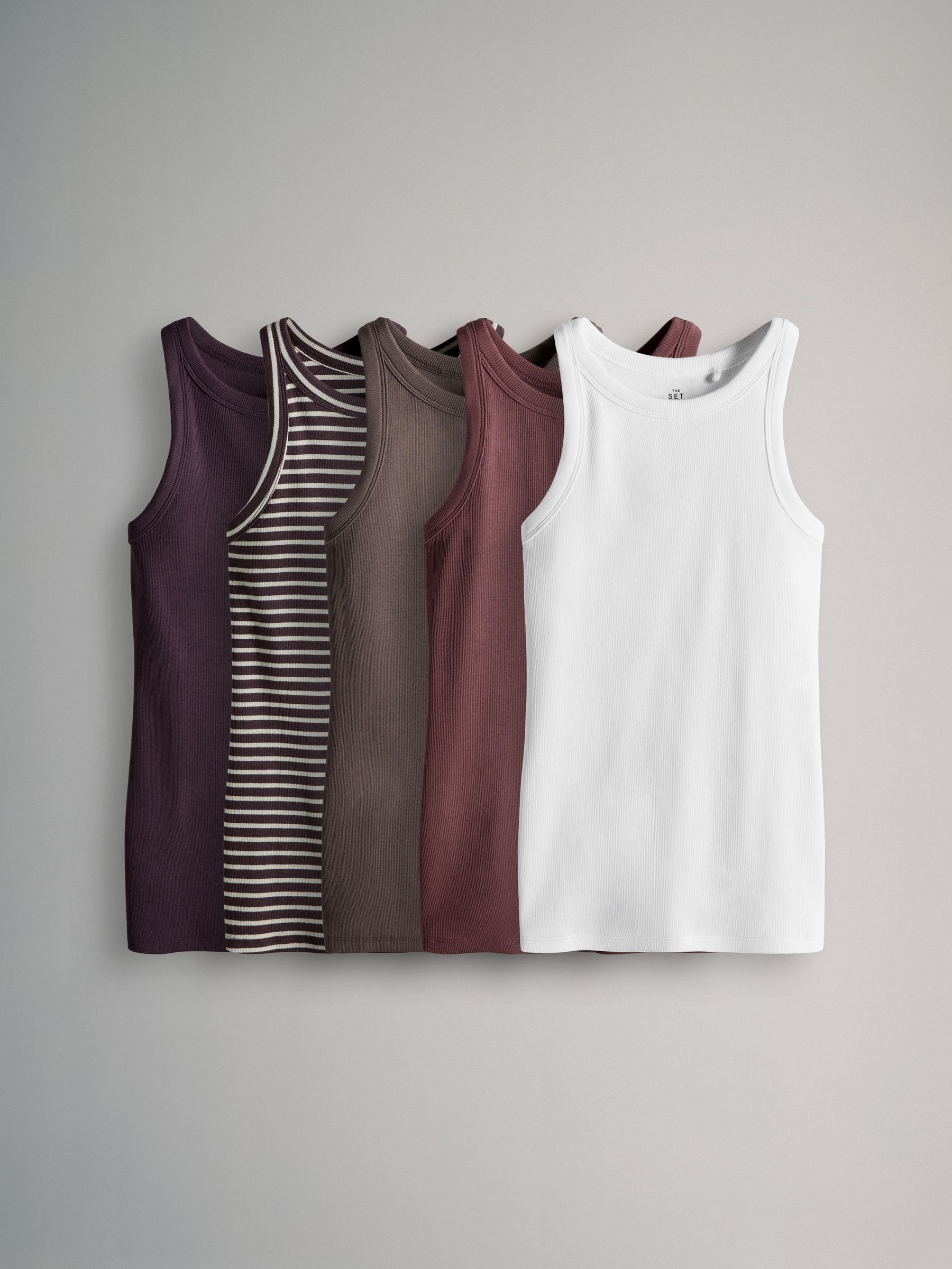 Purple/Stripe/Brown/Pink/White - 5 Pack Racer Ribbed Vests - Image 1 of 6