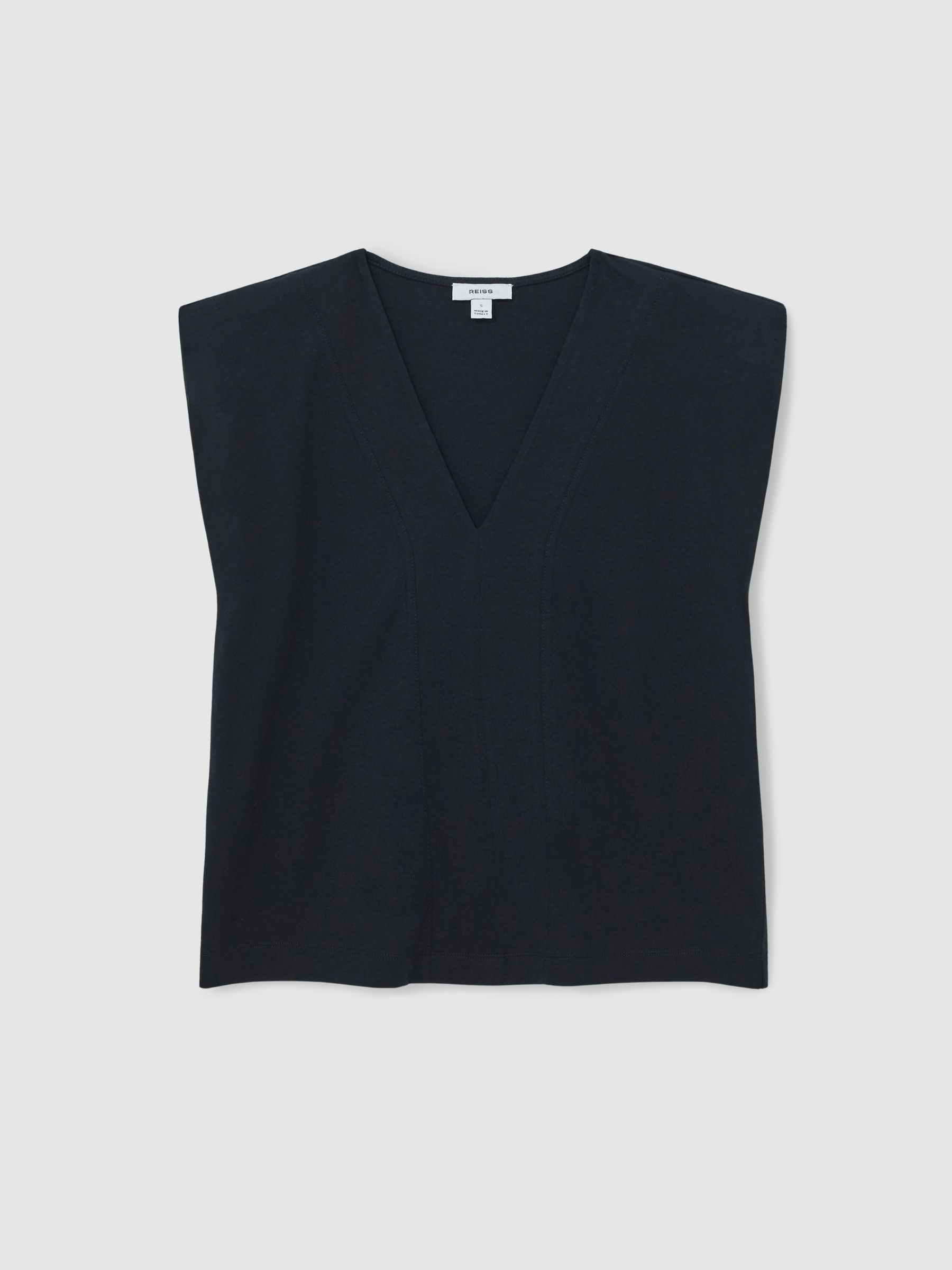 Cotton Shoulder-Pad V-Neck Top in Navy - Image 2 of 6