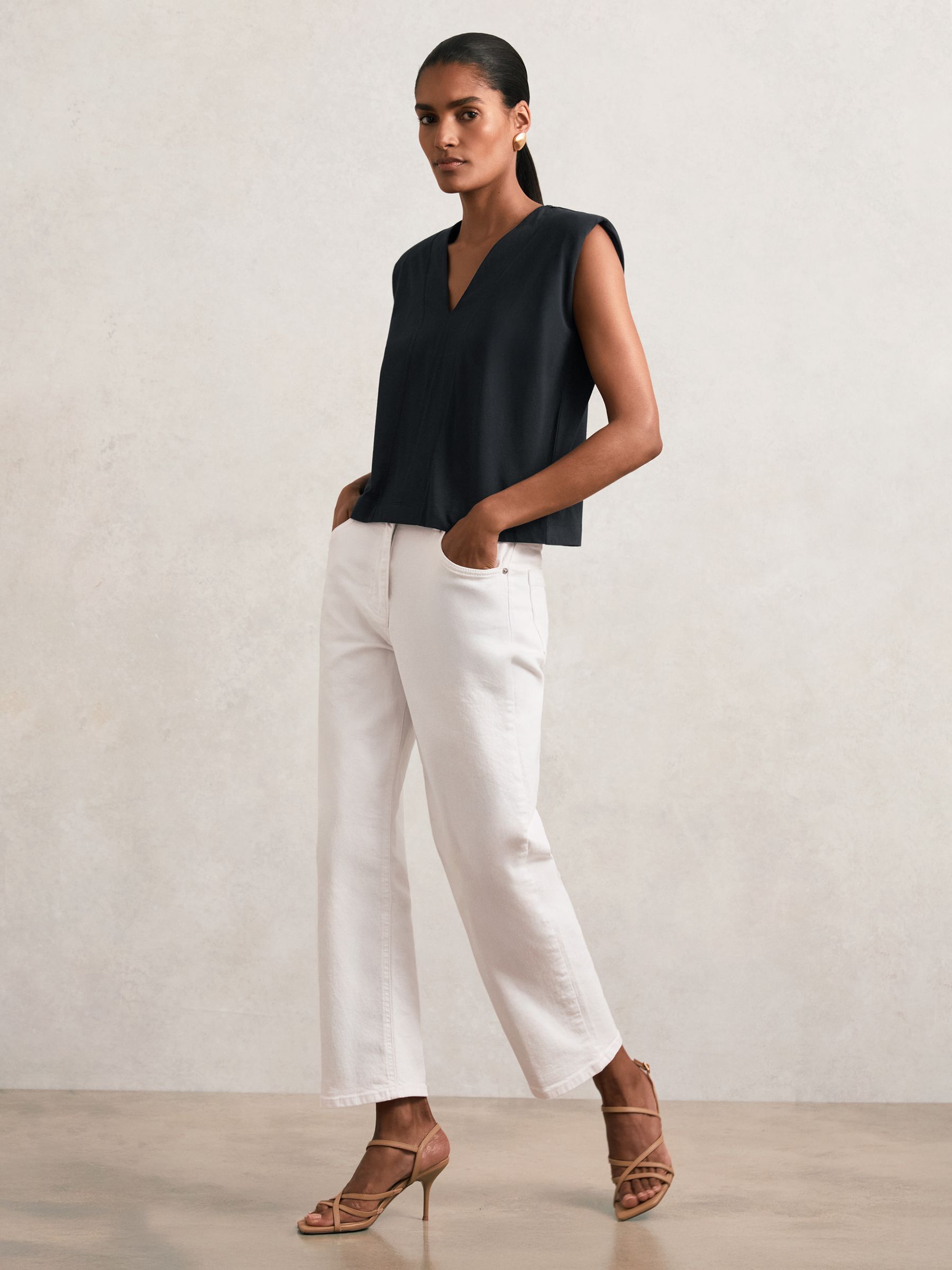 Cotton Shoulder-Pad V-Neck Top in Navy - Image 3 of 6