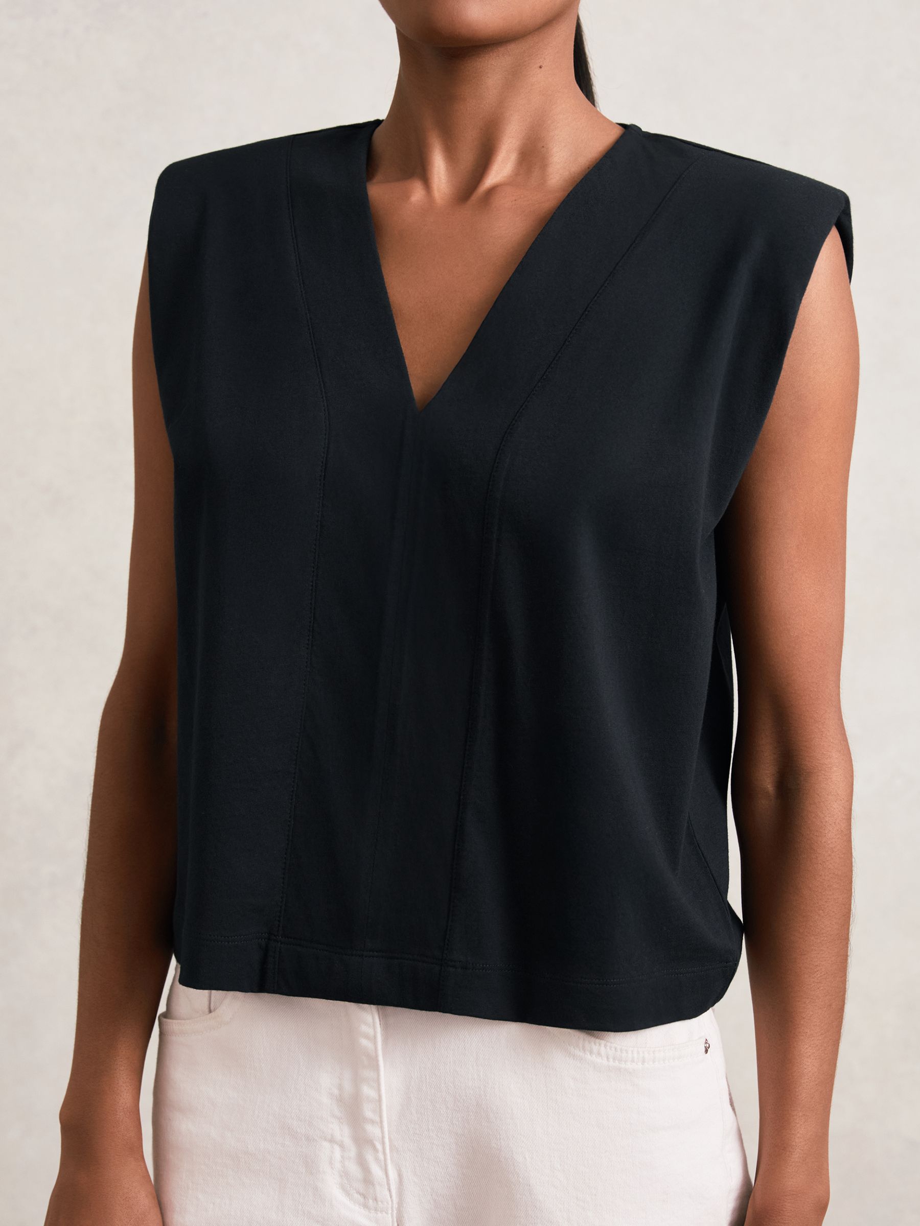 Cotton Shoulder-Pad V-Neck Top in Navy - image 4