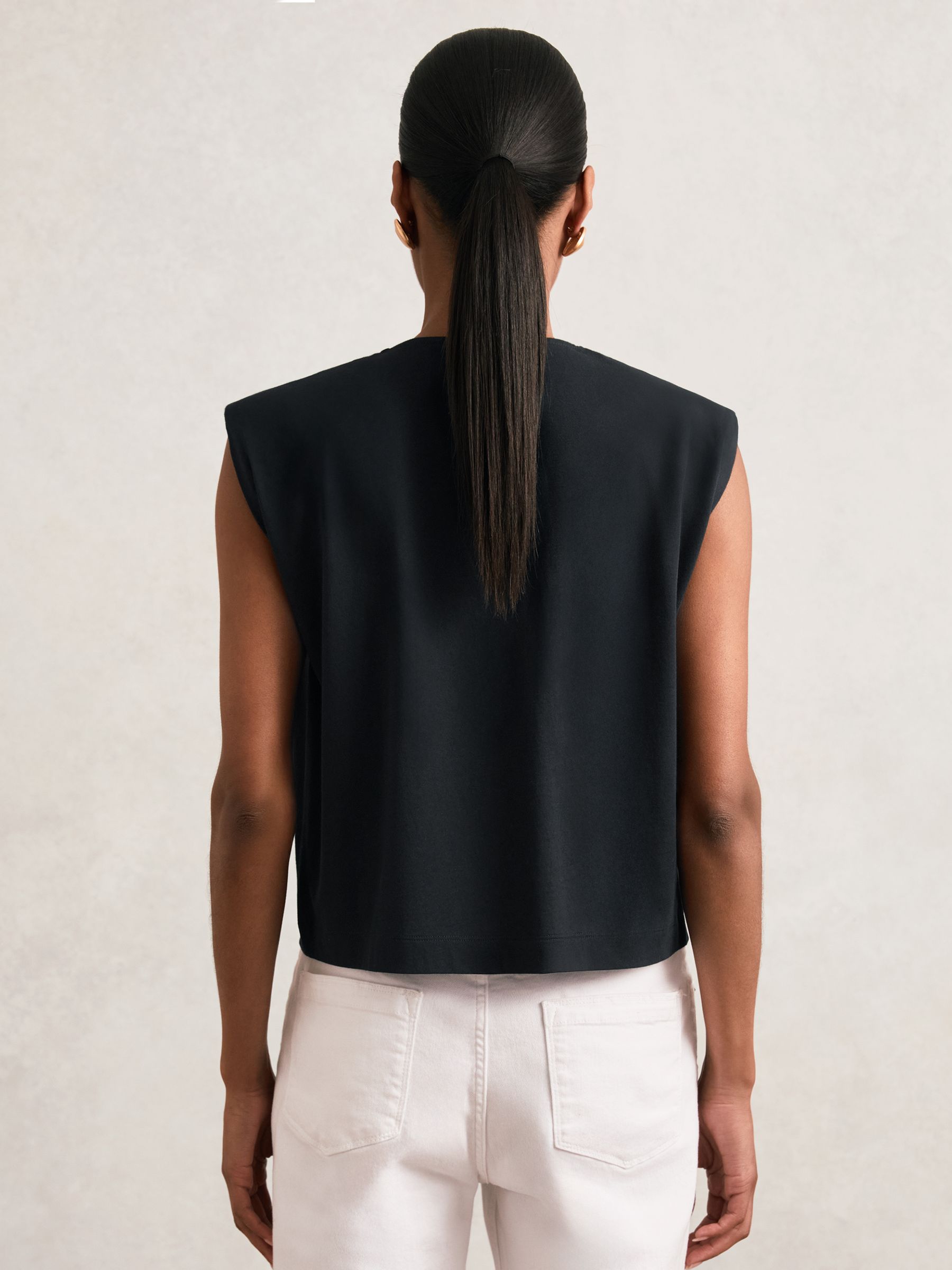Cotton Shoulder-Pad V-Neck Top in Navy - Image 5 of 6