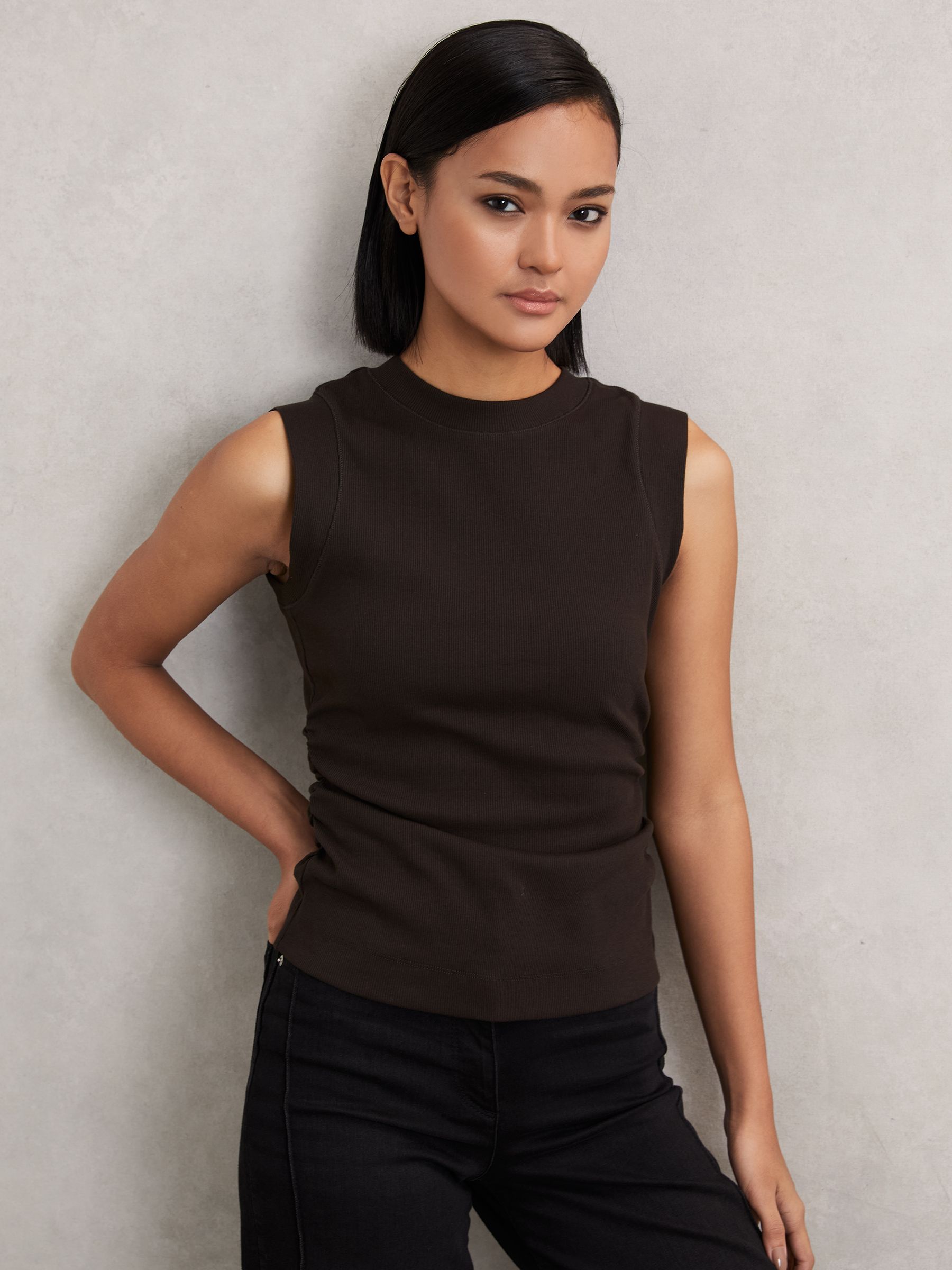 Ribbed Ruched Waist Vest in Chocolate - Image 1 of 6 Ribbed Ruched Waist Vest in Chocolate - Image 1 of 6