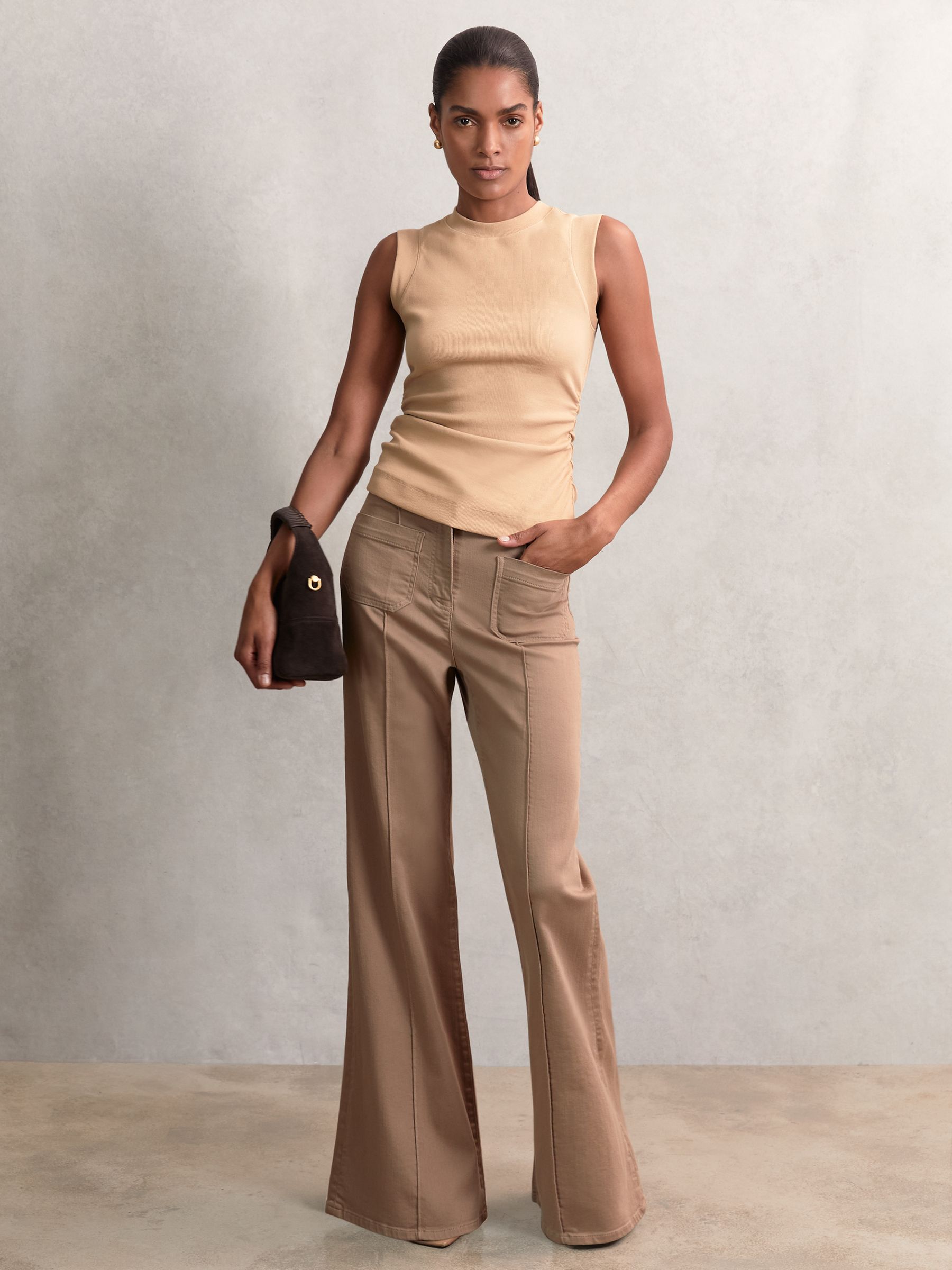 Reiss Fine-Rib Ruched Vest Top in Camel - REISS