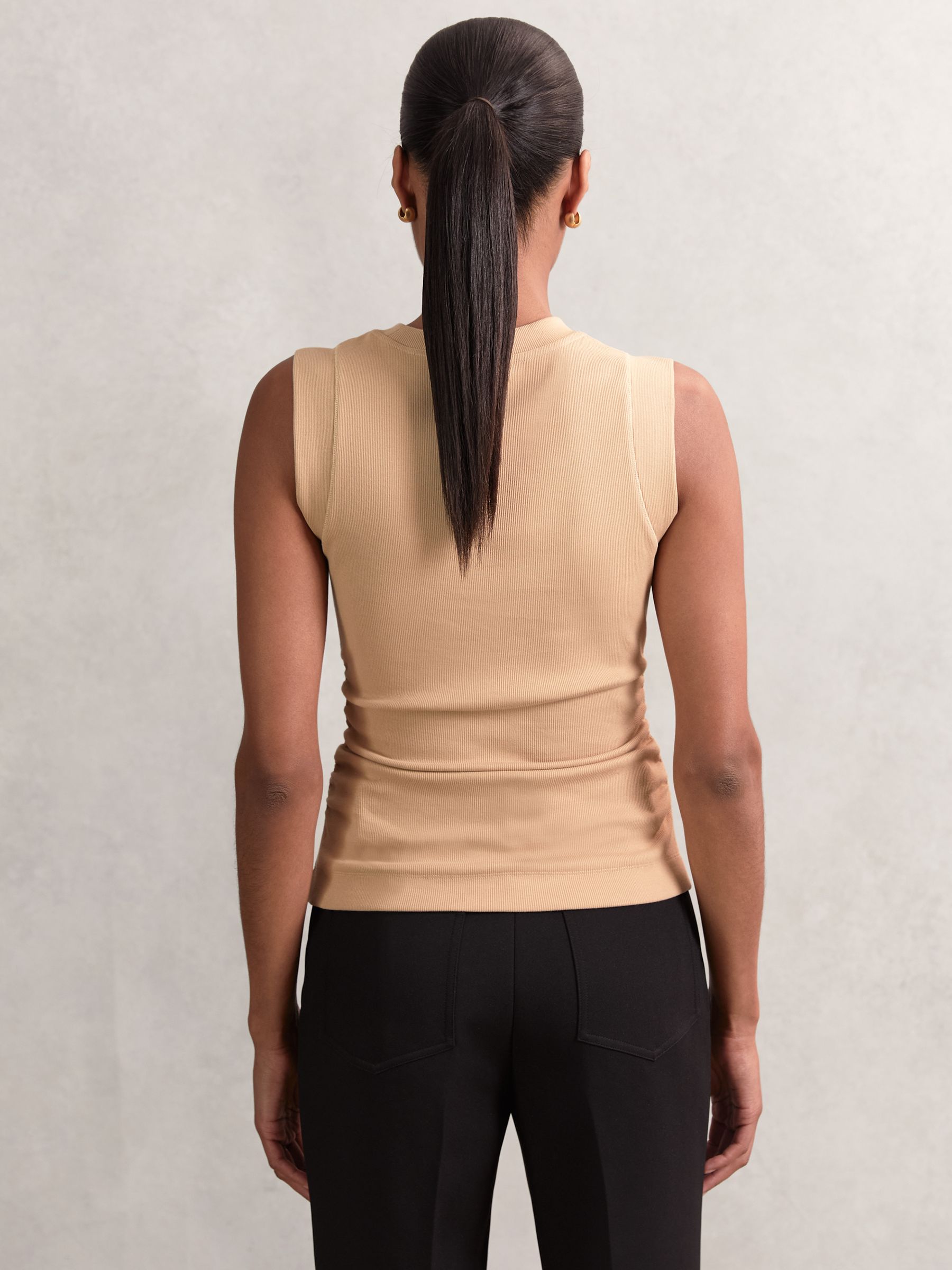 Fine-Rib Ruched Vest Top in Camel - image 5