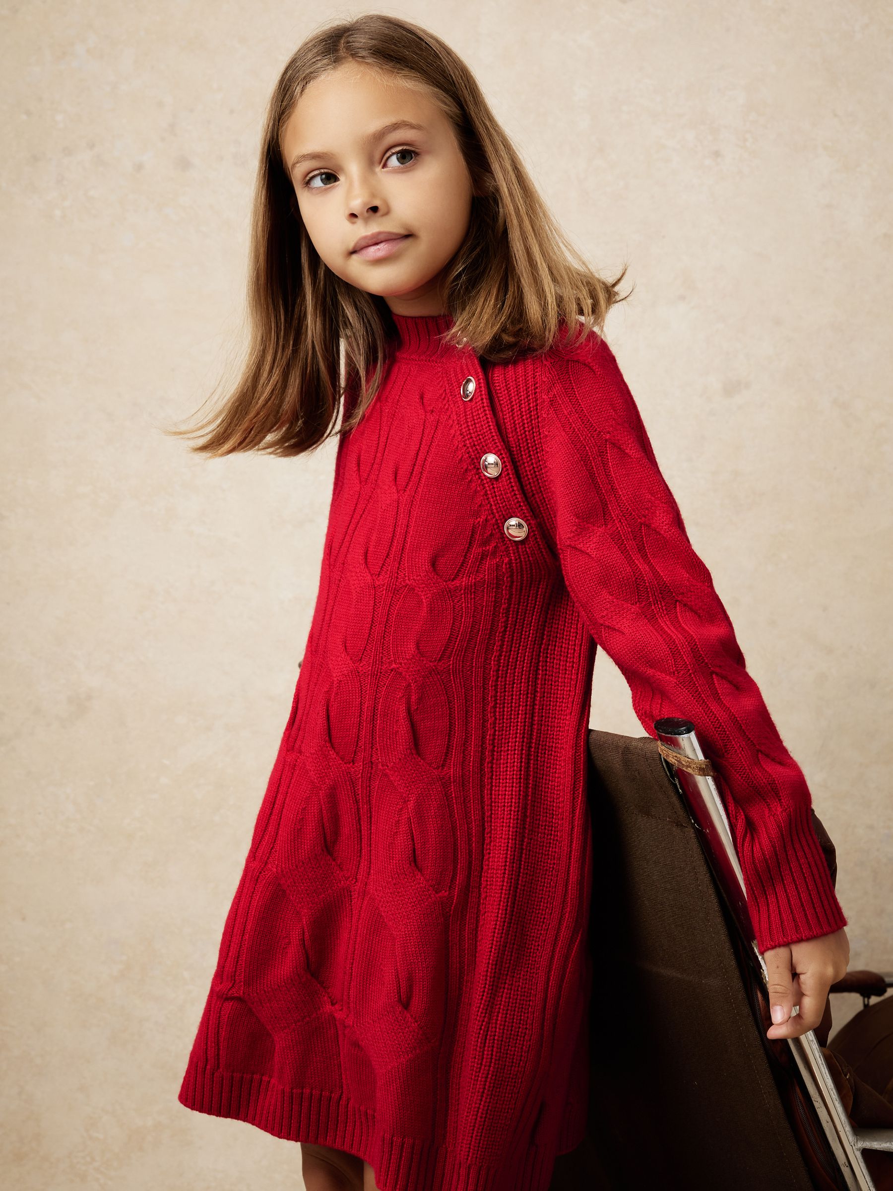 9-13 yrs Wool Cable-Knit Dress in Red - Image 1 of 5