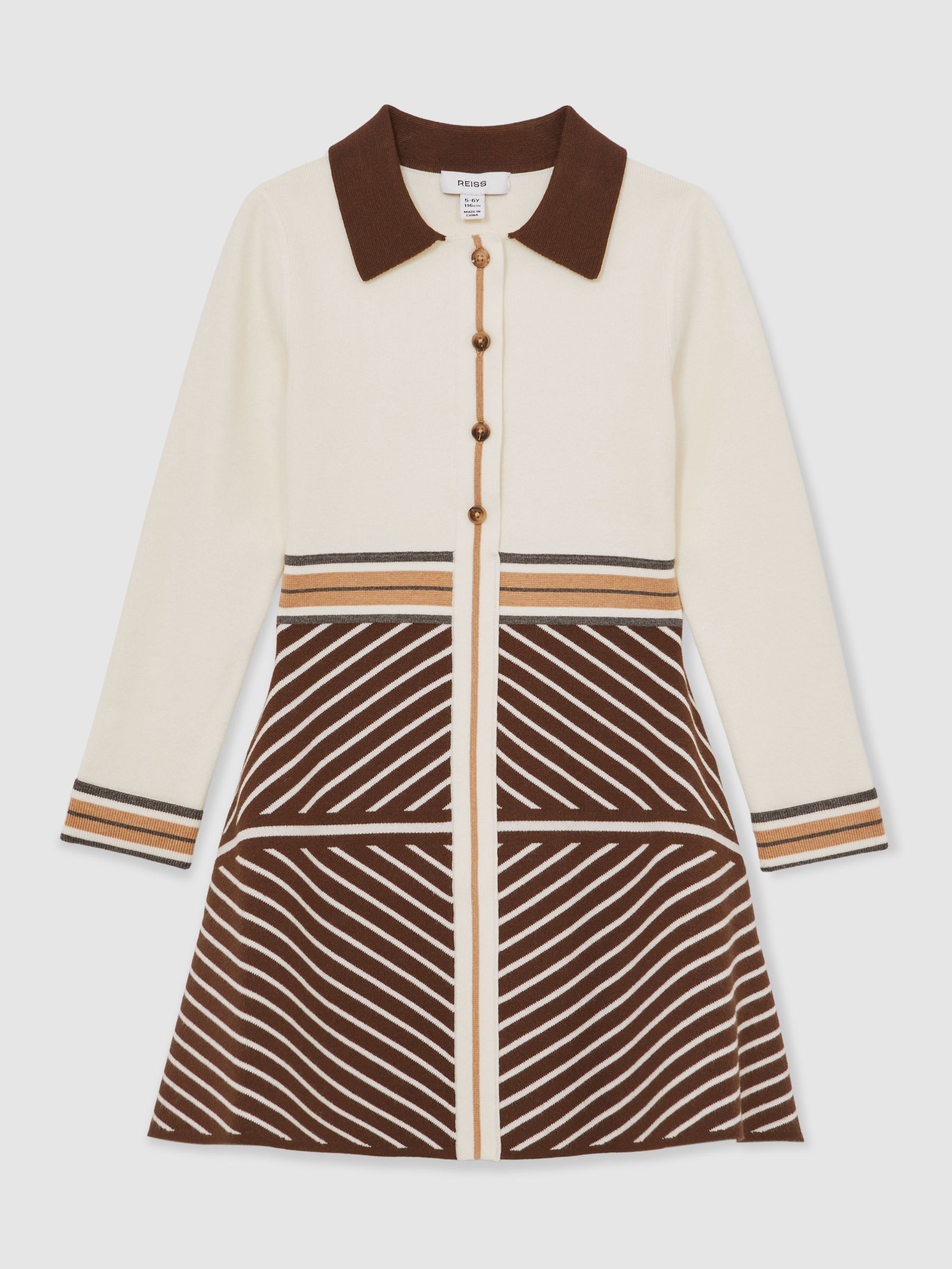 13-14 yrs Stripe-Detail Collared Knit Dress in Chocolate - Image 1 of 4