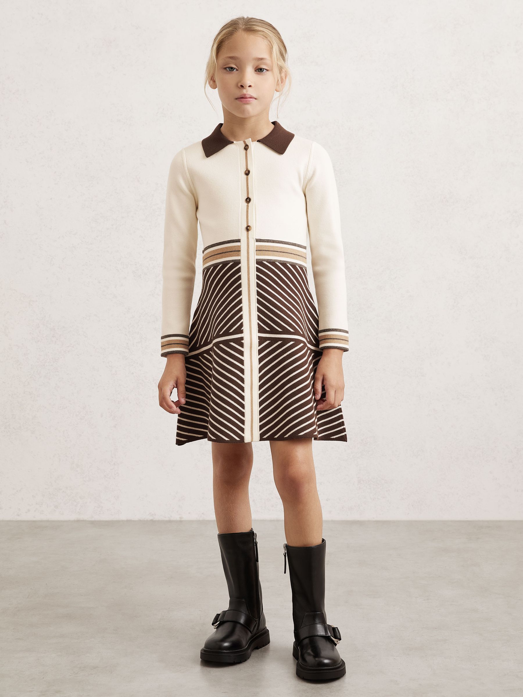 13-14 yrs Stripe-Detail Collared Knit Dress in Chocolate - Image 3 of 4