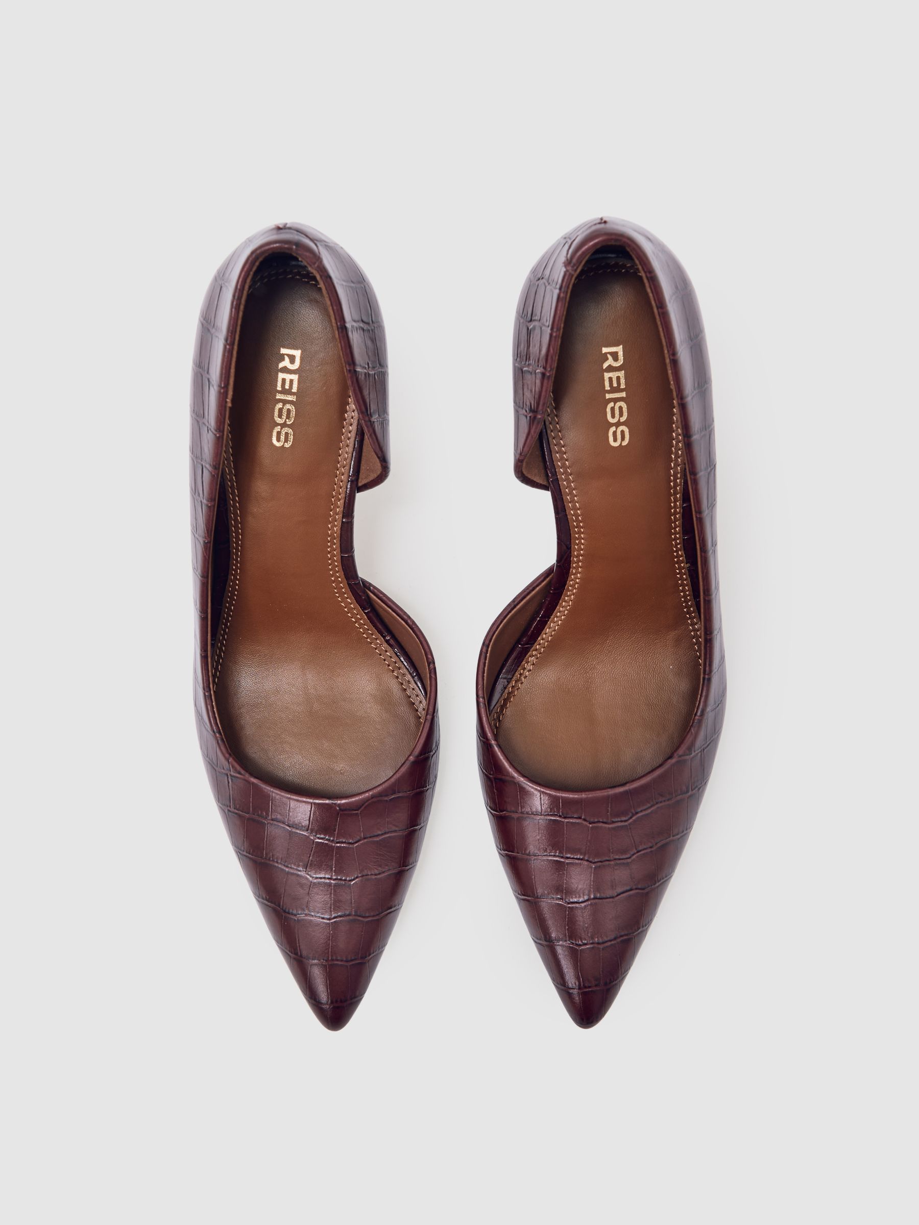 Leather Crocodile-Effect Court Shoes in Burgundy - Image 3 of 5