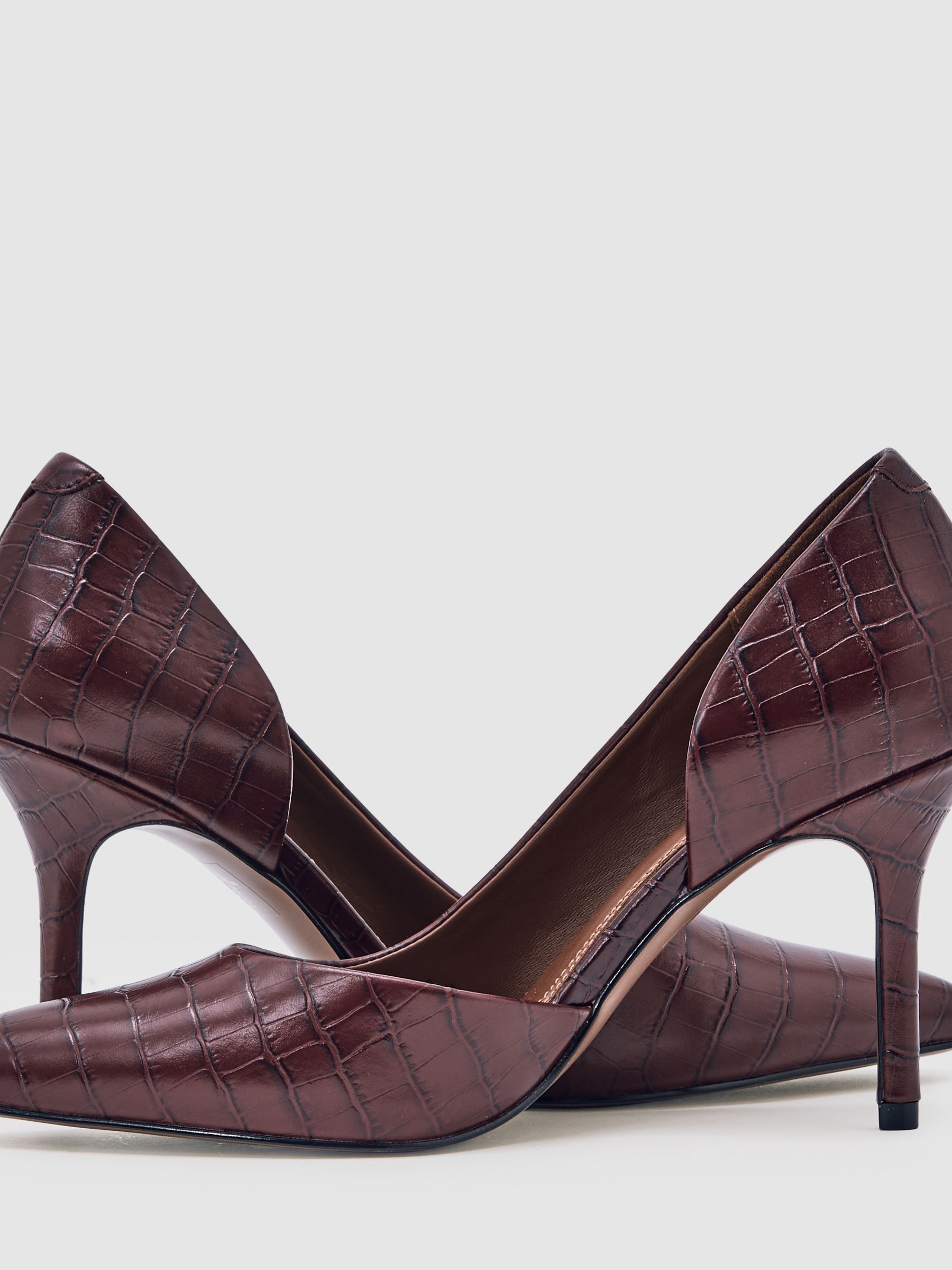 Leather Crocodile-Effect Court Shoes in Burgundy - image 2