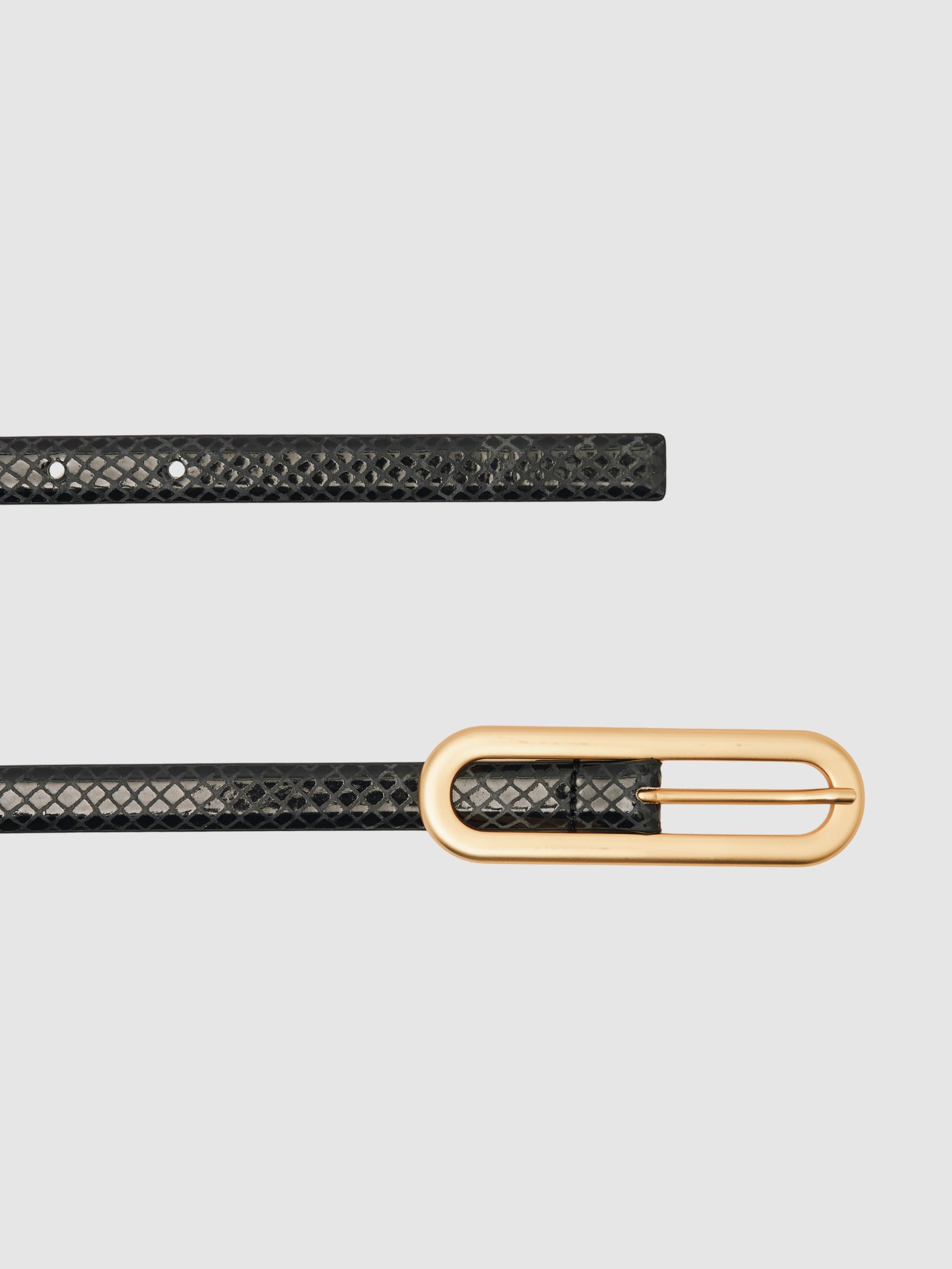 Leather Elongated-Buckle Skinny Belt in Black - Image 4 of 5