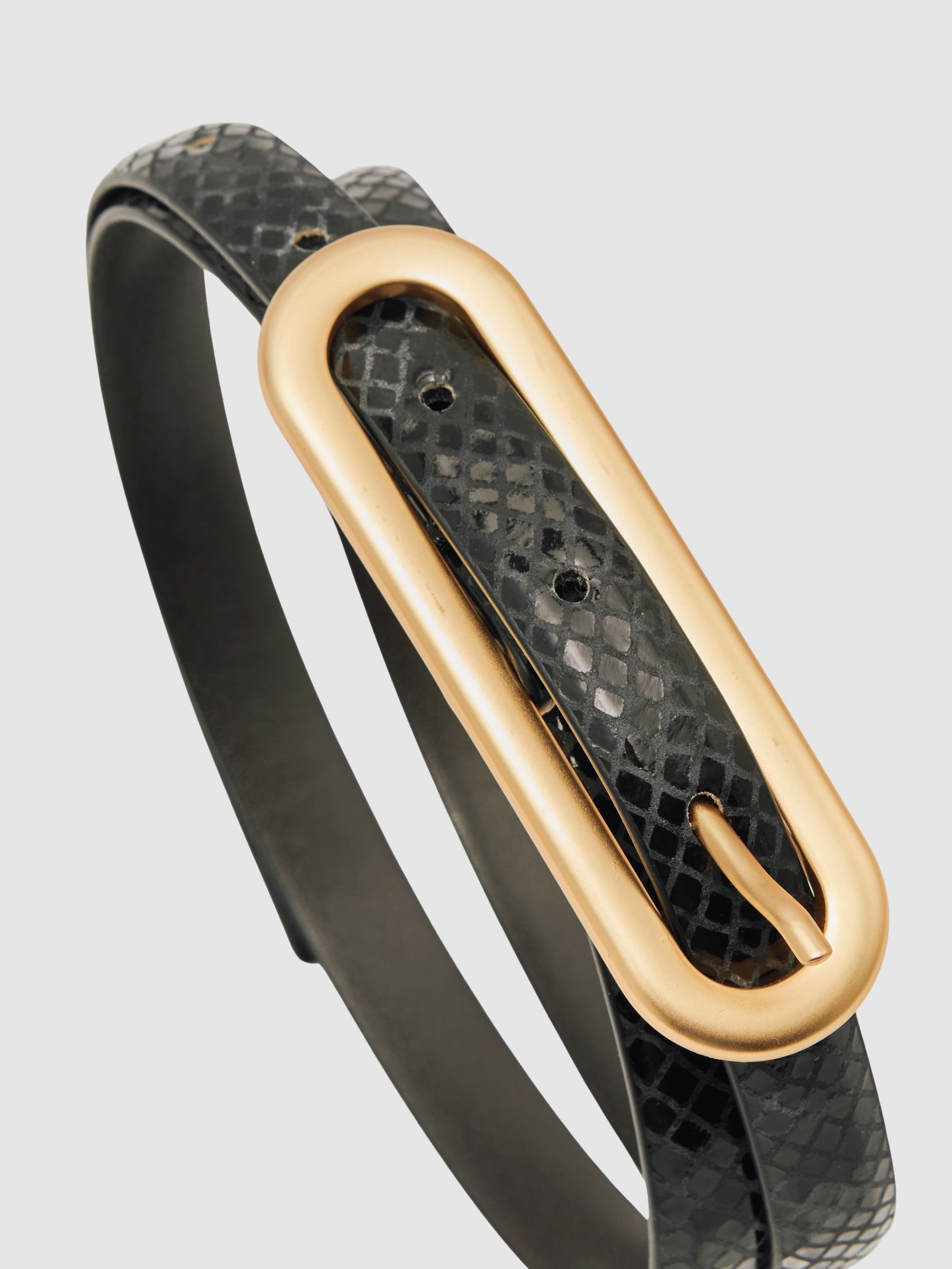 Suede Elongated-Buckle Skinny Belt in Black Snakeskin - image 3