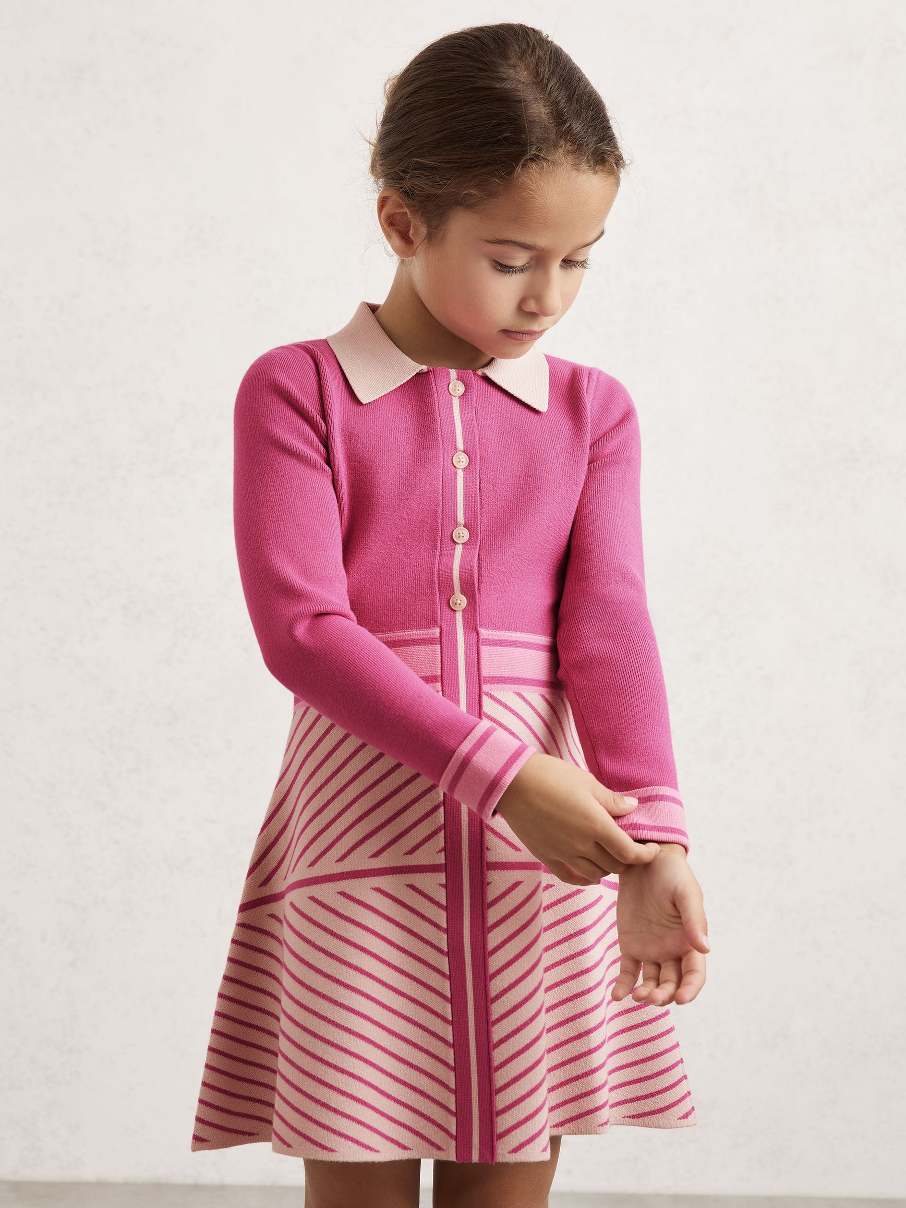 13-14 yrs Stripe-Detail Collared Knit Dress in Dark Pink - Image 3 of 4