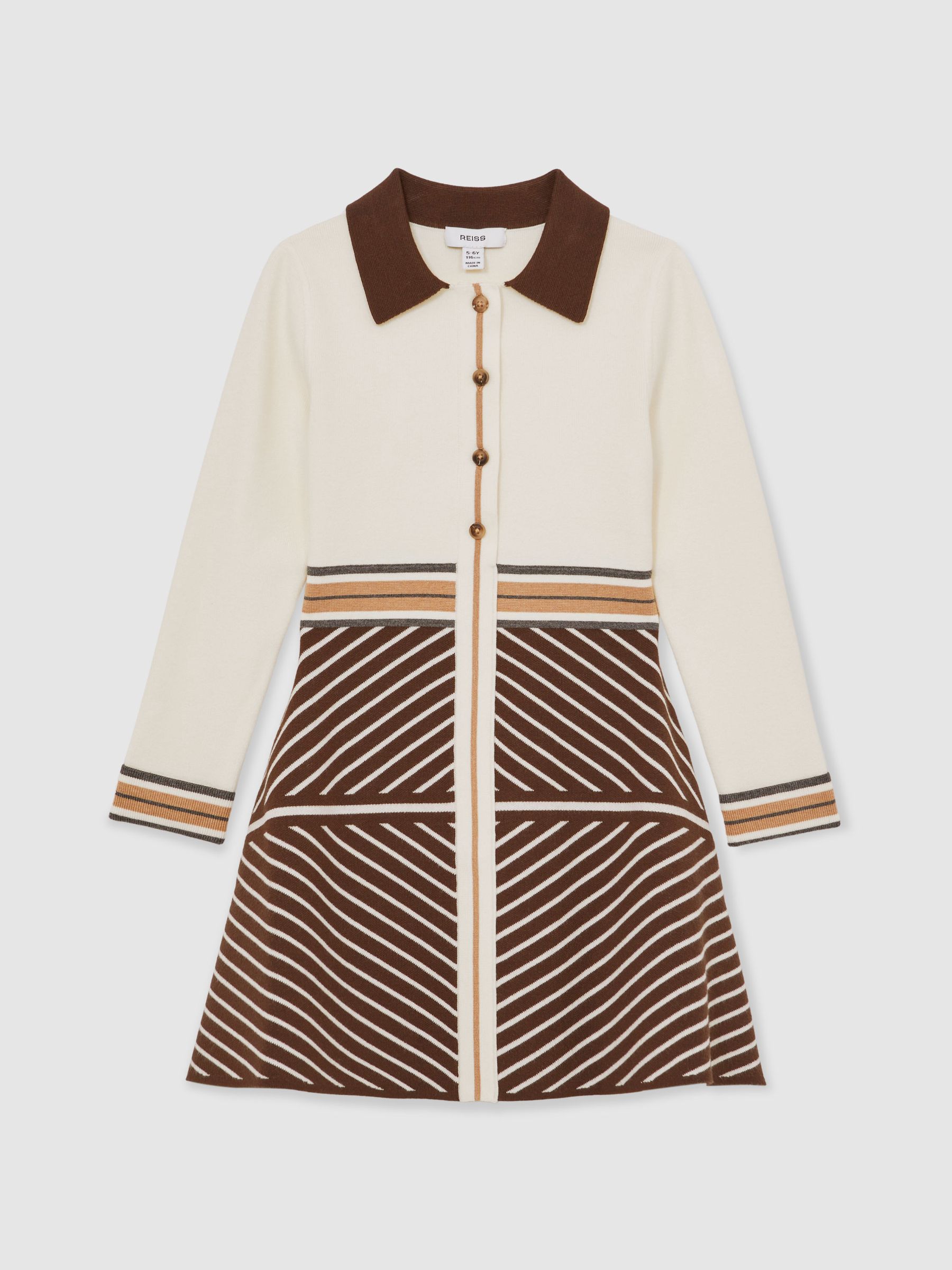 Pletené šaty s límečkem a pruhovanými detaily, věk 9-13 let, v čokoládové barvě - Obrázek 2 z 4