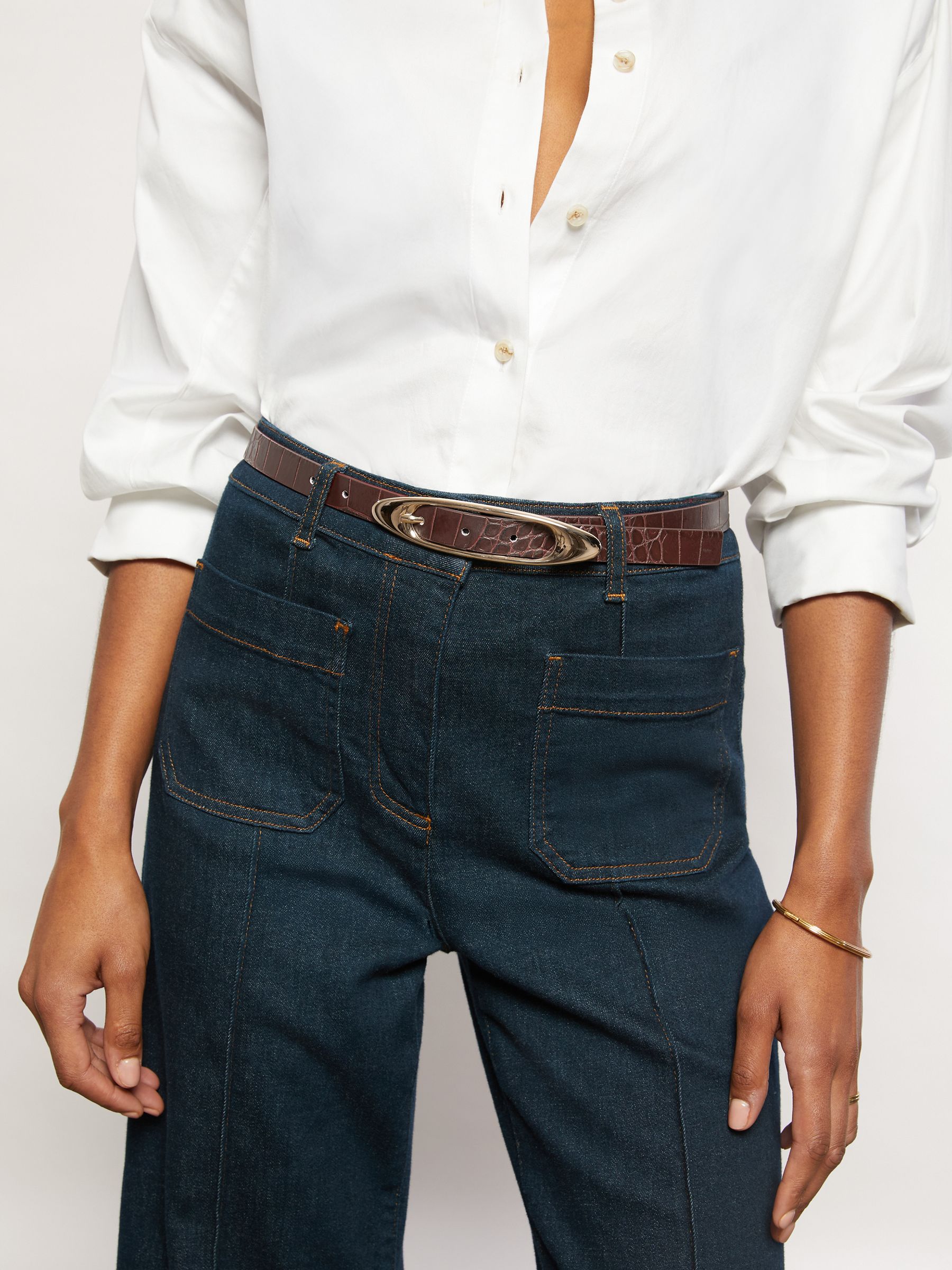 Croc-Effect Leather Oval-Buckle Belt in Burgundy - Image 2 of 4
