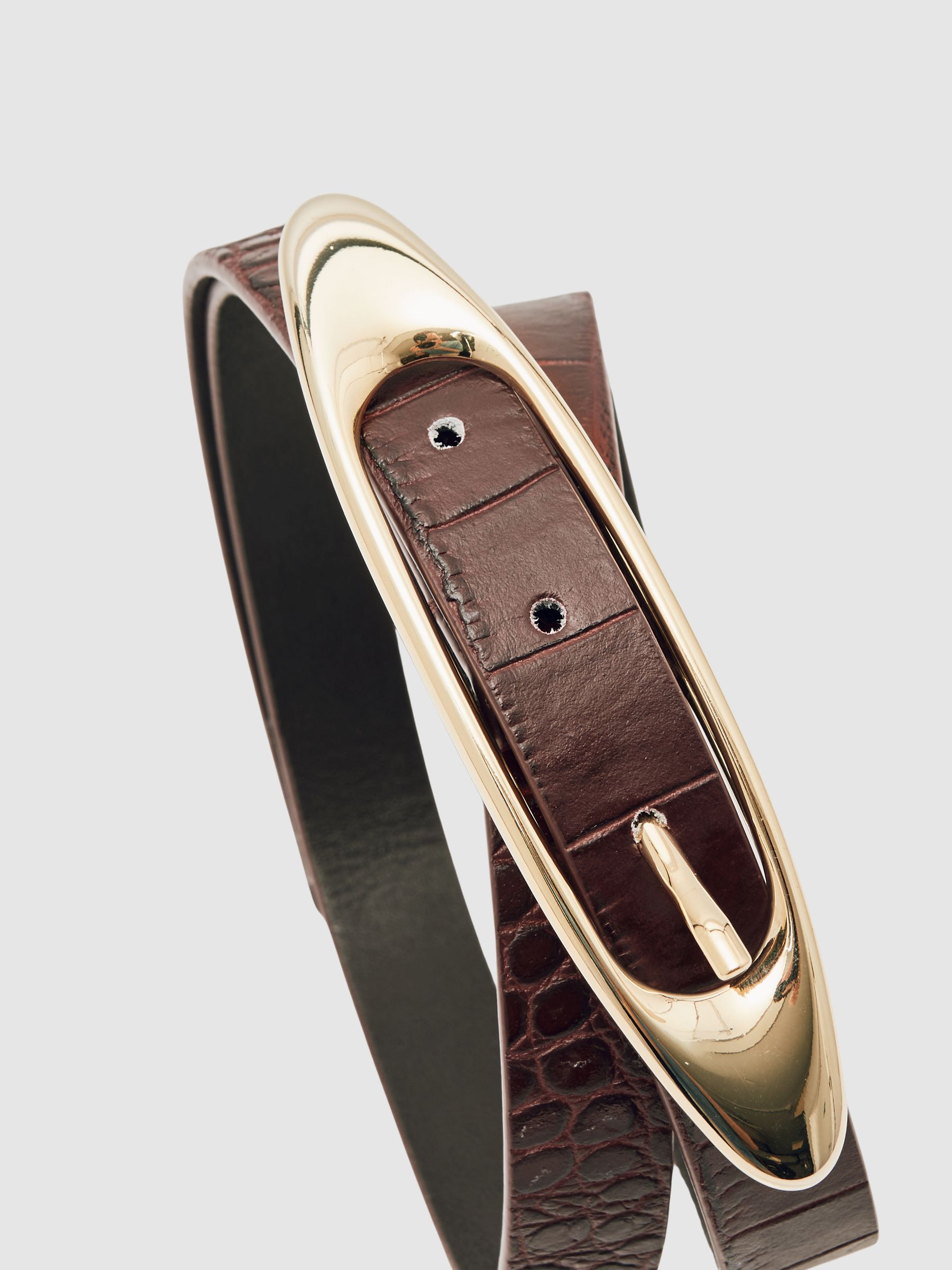 Croc-Effect Leather Oval-Buckle Belt in Burgundy - Image 4 of 4